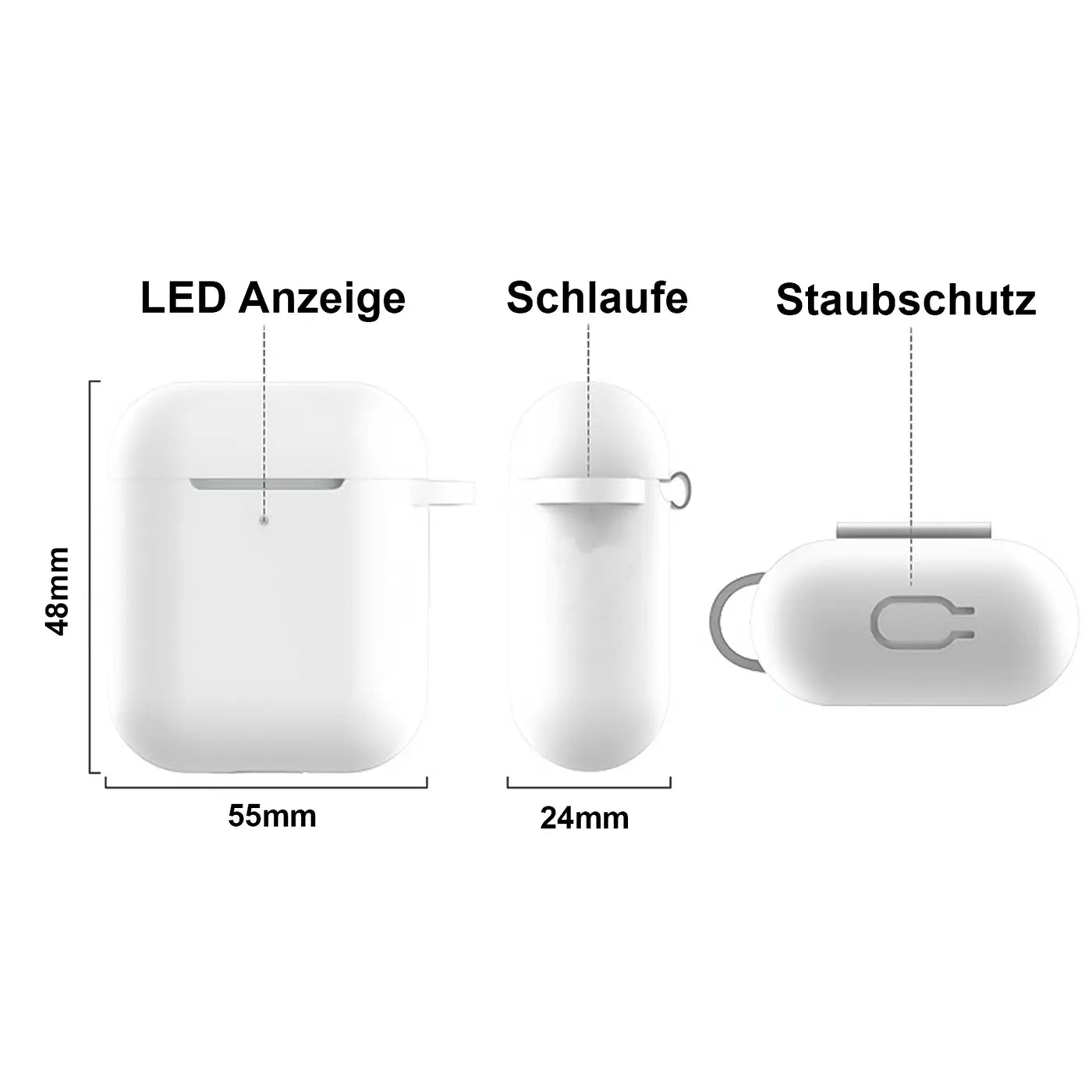 Weiße Silikonhülle für AirPods 3 mit Karabiner, von vorne, Seite und unten. Maße: 48x55mm, 24mm Tiefe.