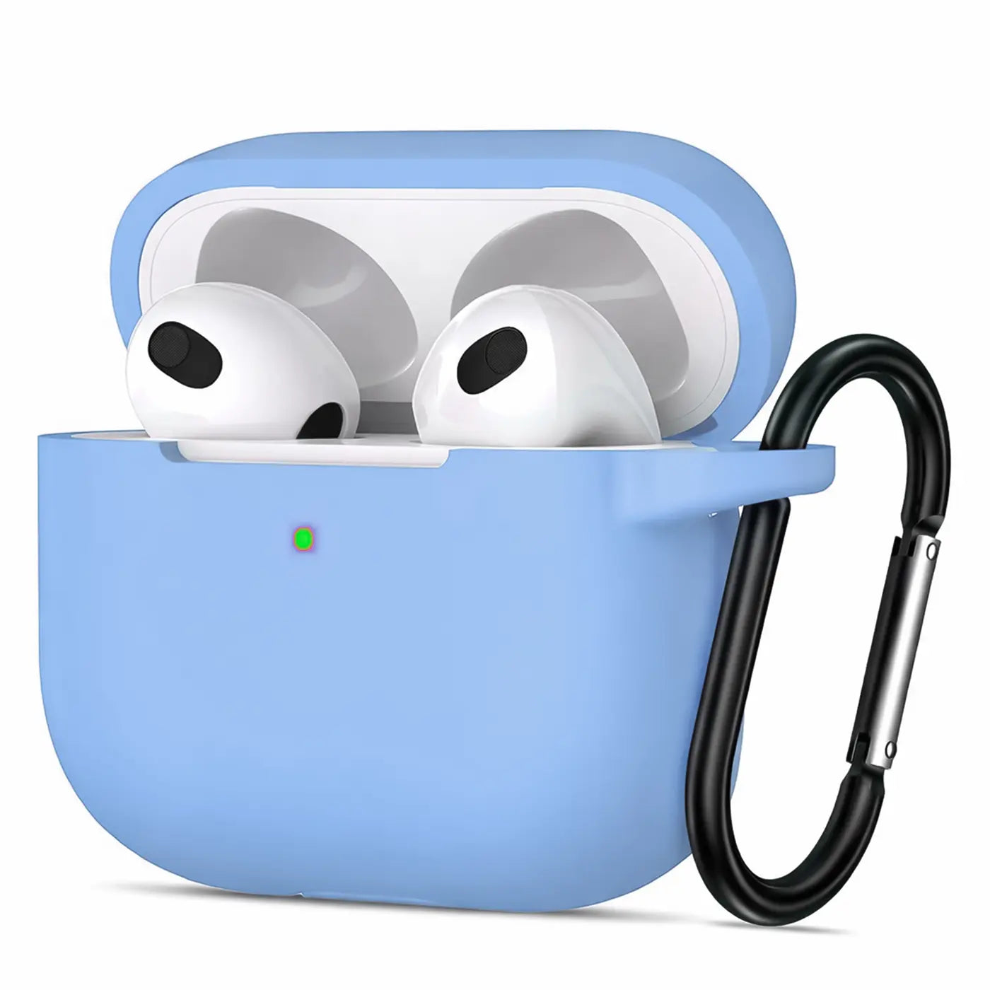 Hellblaue Silikonhülle für AirPods 3/4 mit offenem Deckel, darin weiße AirPods. Schwarzer Karabinerhaken rechts.