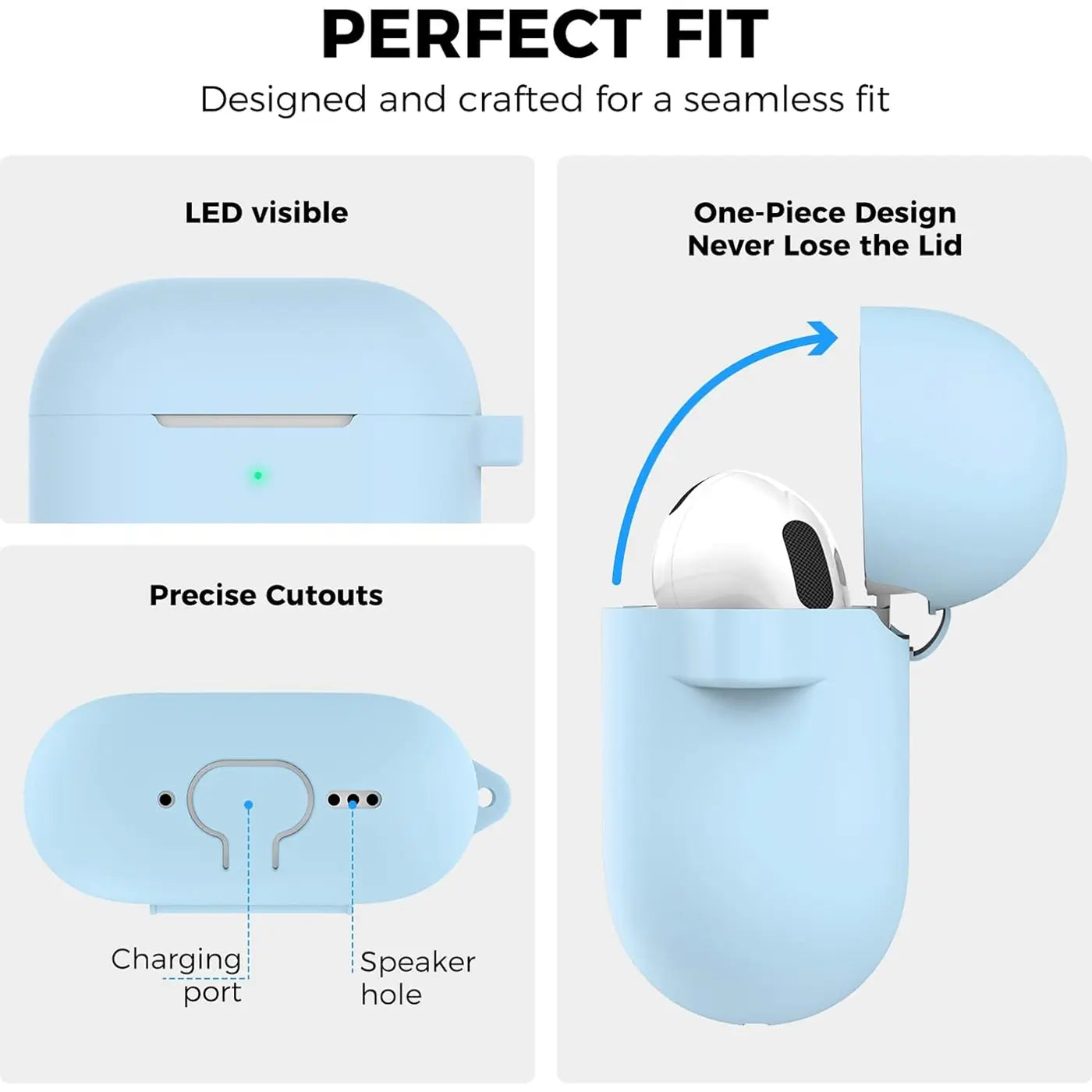 Hellblaue Silikonhülle für AirPods 4 mit Karabineröse, von vorne und unten, teilweise mit eingesetzten AirPods.