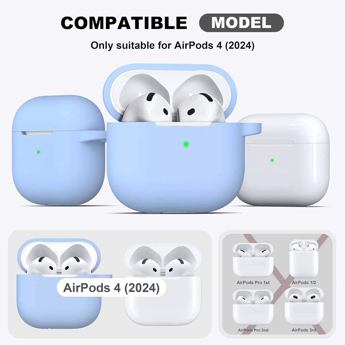 Drei hellblaue Silikonhüllen für AirPods 4 (2024) von vorne, eine offen mit weißen AirPods, eine geschlossen.
