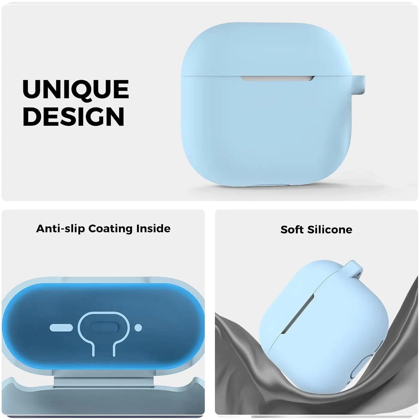 Vier Bilder einer hellblauen Silikonhülle für AirPods 4. Zeigt die Hülle von vorne, innen und auf Stoff.