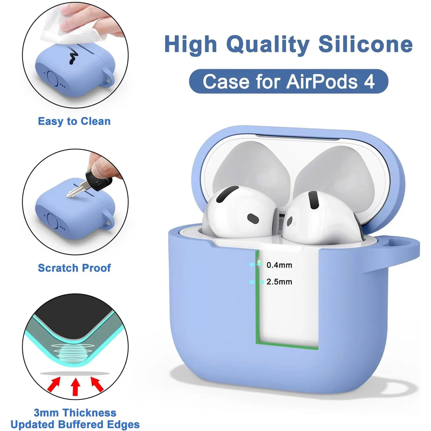Hellblaue Silikonhülle für AirPods 4, offen mit eingesetzten weißen AirPods, leicht schräg von vorne.