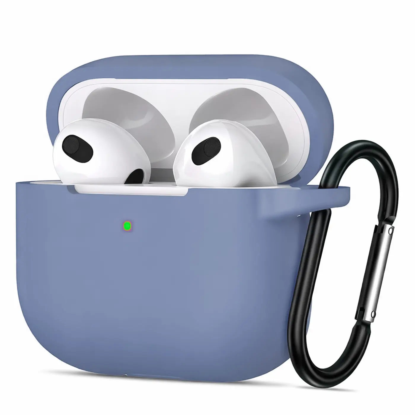 Blaue Silikonhülle für AirPods 3 mit offenem Deckel, darin weiße AirPods, und schwarzem Karabinerhaken.