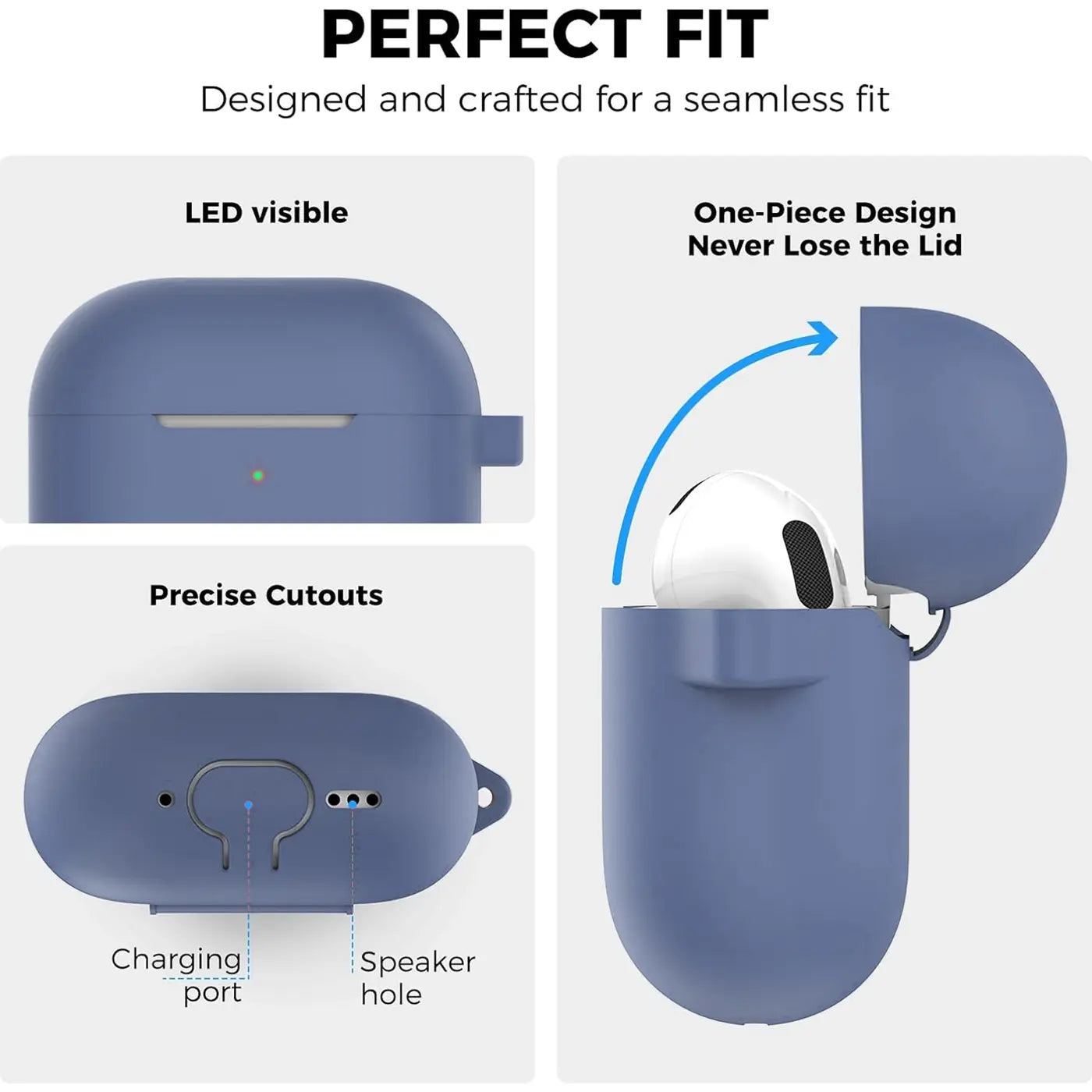 Blaue Silikonhülle für AirPods 4 mit Karabiner, von verschiedenen Seiten gezeigt, teils mit geöffnetem Deckel und AirPods.
