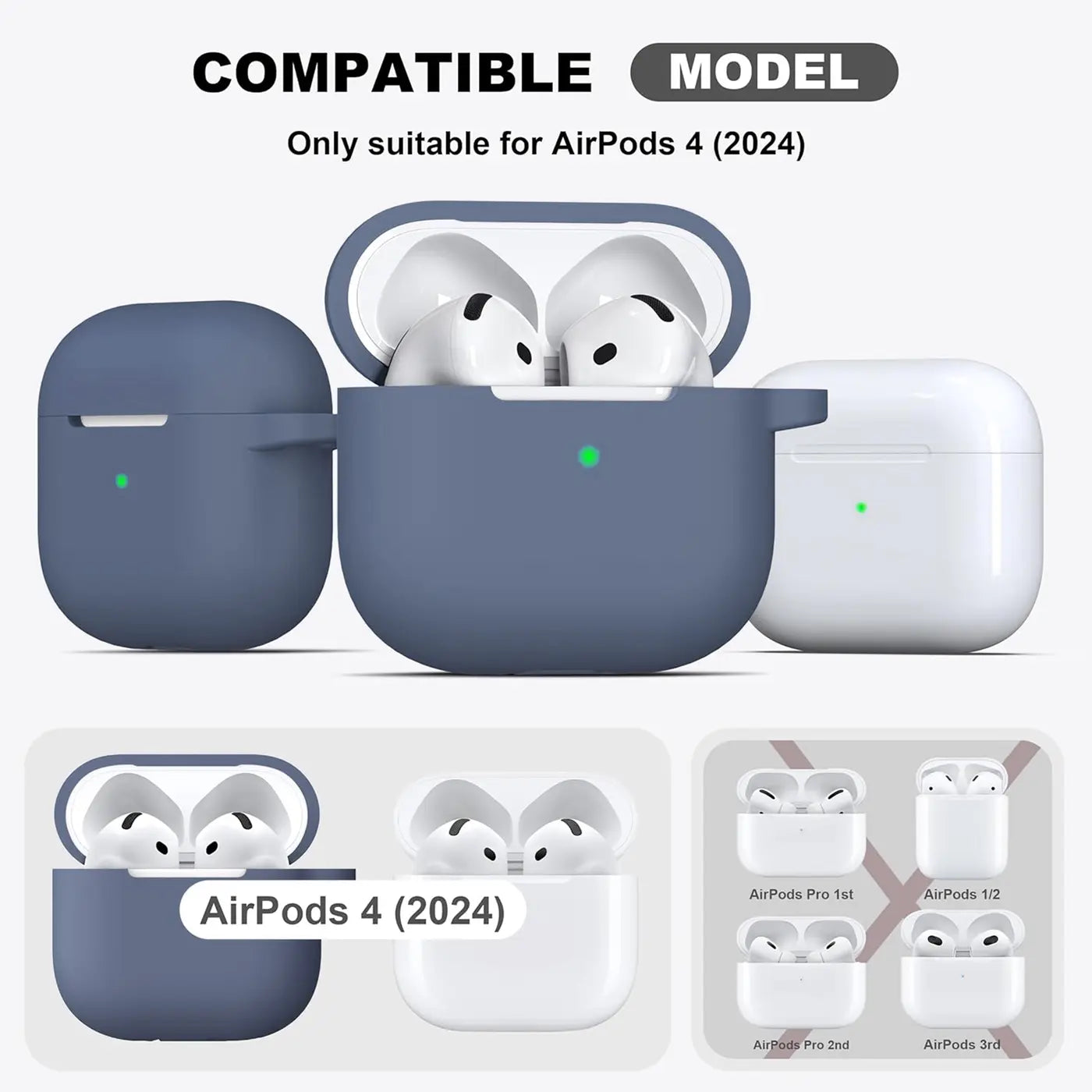 Drei AirPods 4 Silikonhüllen (blau, blau mit offenen AirPods, weiß) und Vergleichsbilder von AirPods-Modellen.