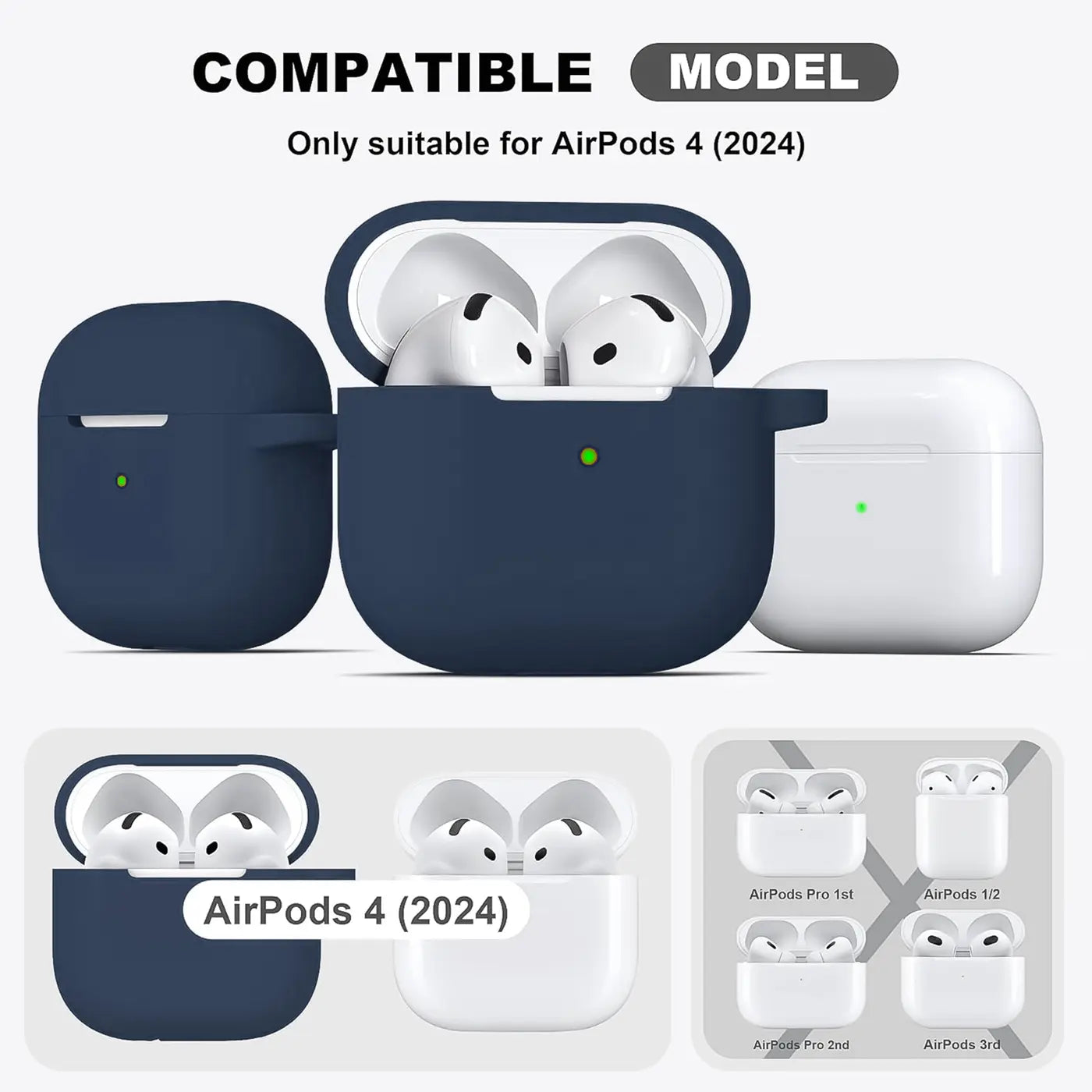 Dunkelblaue Silikonhülle für AirPods 4 mit Karabineröse, offen mit weißen AirPods, daneben geschlossene Hülle.