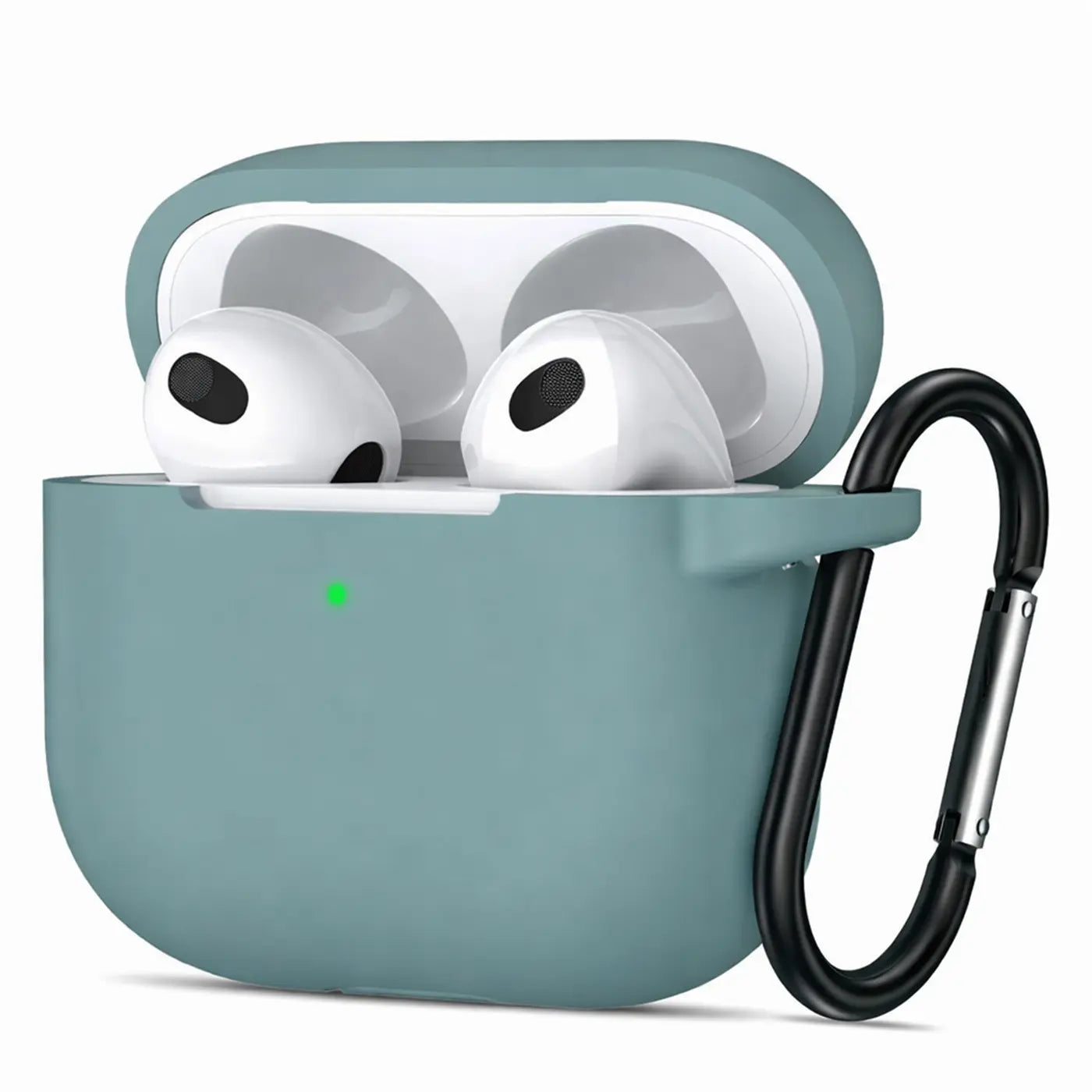 Türkisfarbene Silikonhülle für AirPods 4 mit offenem Deckel und sichtbaren weißen Kopfhörern, rechts ein schwarzer Karabiner.