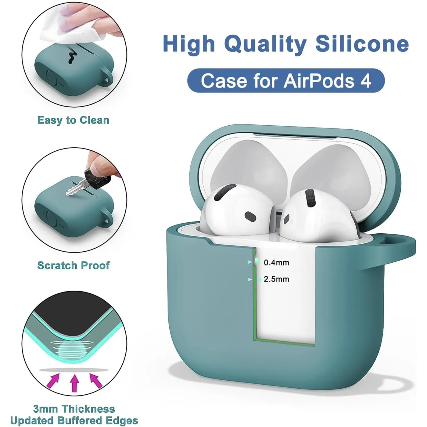 Türkise Silikonhülle für AirPods 4, offen mit zwei weißen AirPods Pro. Seitenansicht, Detail der Wandstärke.