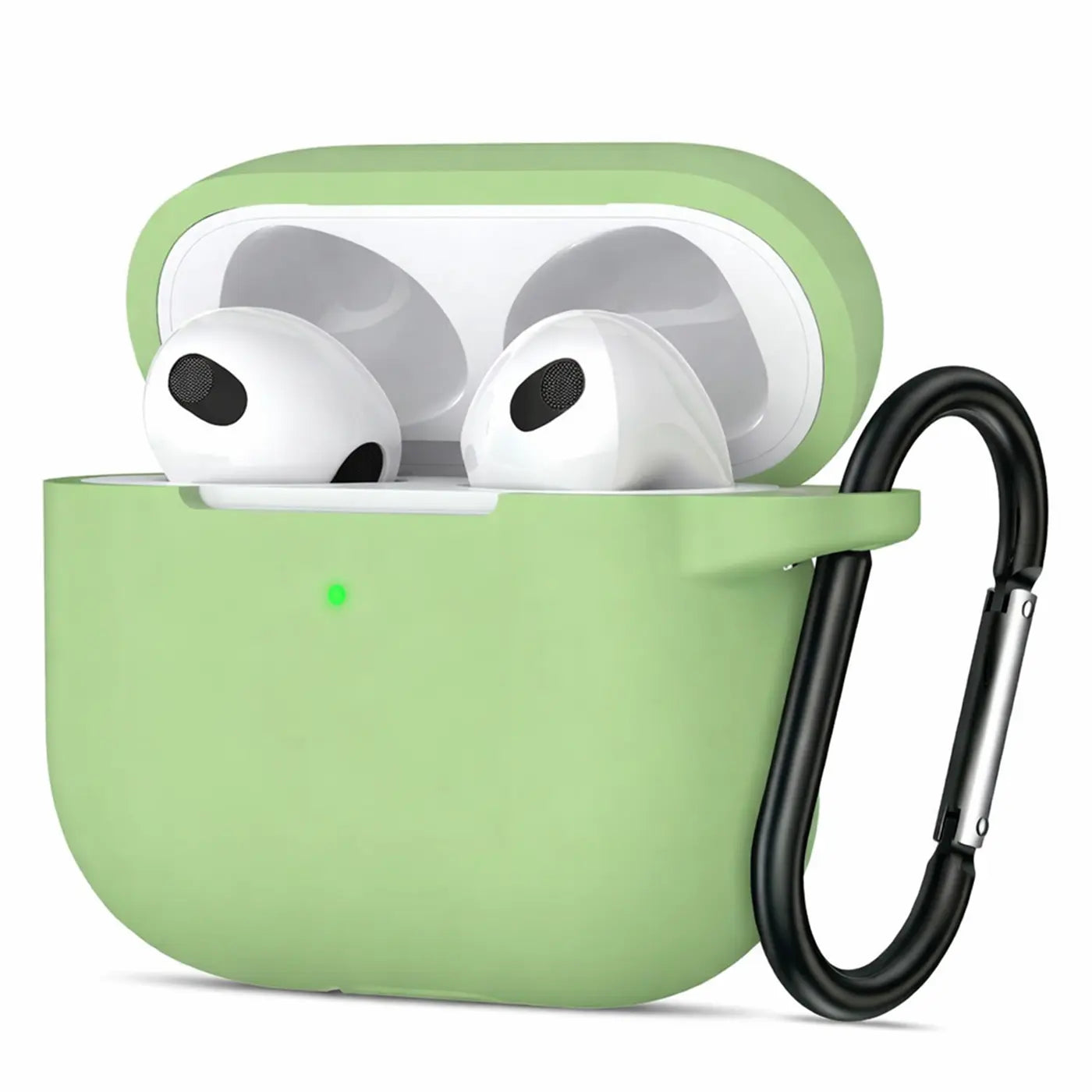 Grüne Silikonhülle für AirPods 4 mit offenem Deckel und zwei weißen Ohrhörern, schwarzer Karabiner rechts.
