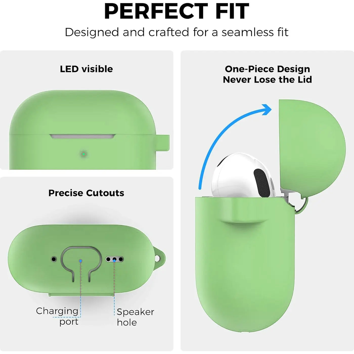 Grüne Silikonhülle für AirPods 4. Oben: Geschlossene Hülle, LED sichtbar. Unten links: Unterseite mit Aussparungen für.