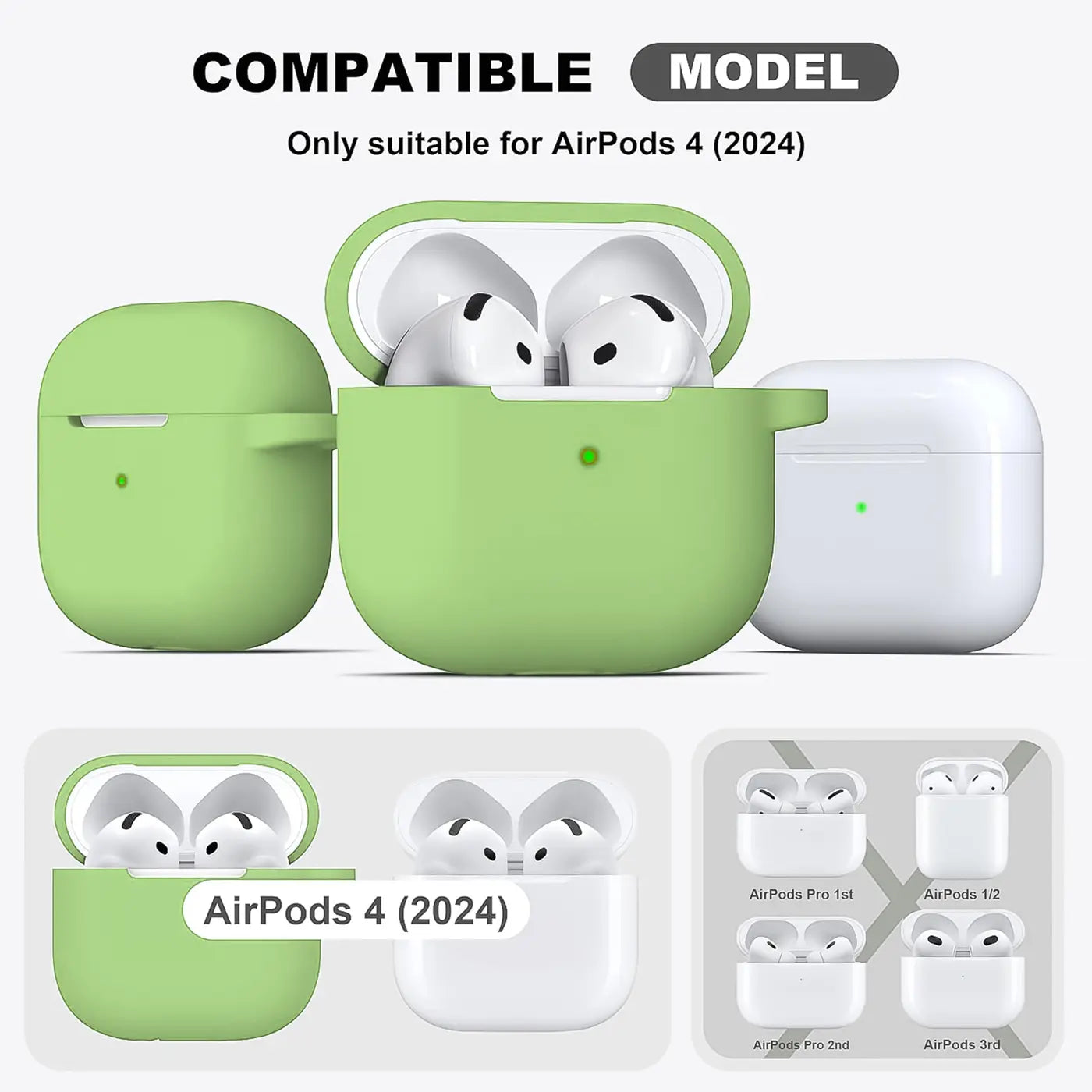 Drei AirPods 4 Silikonhüllen (2x hellgrün, 1x weiß) mit Ladecase und AirPods, von vorne.