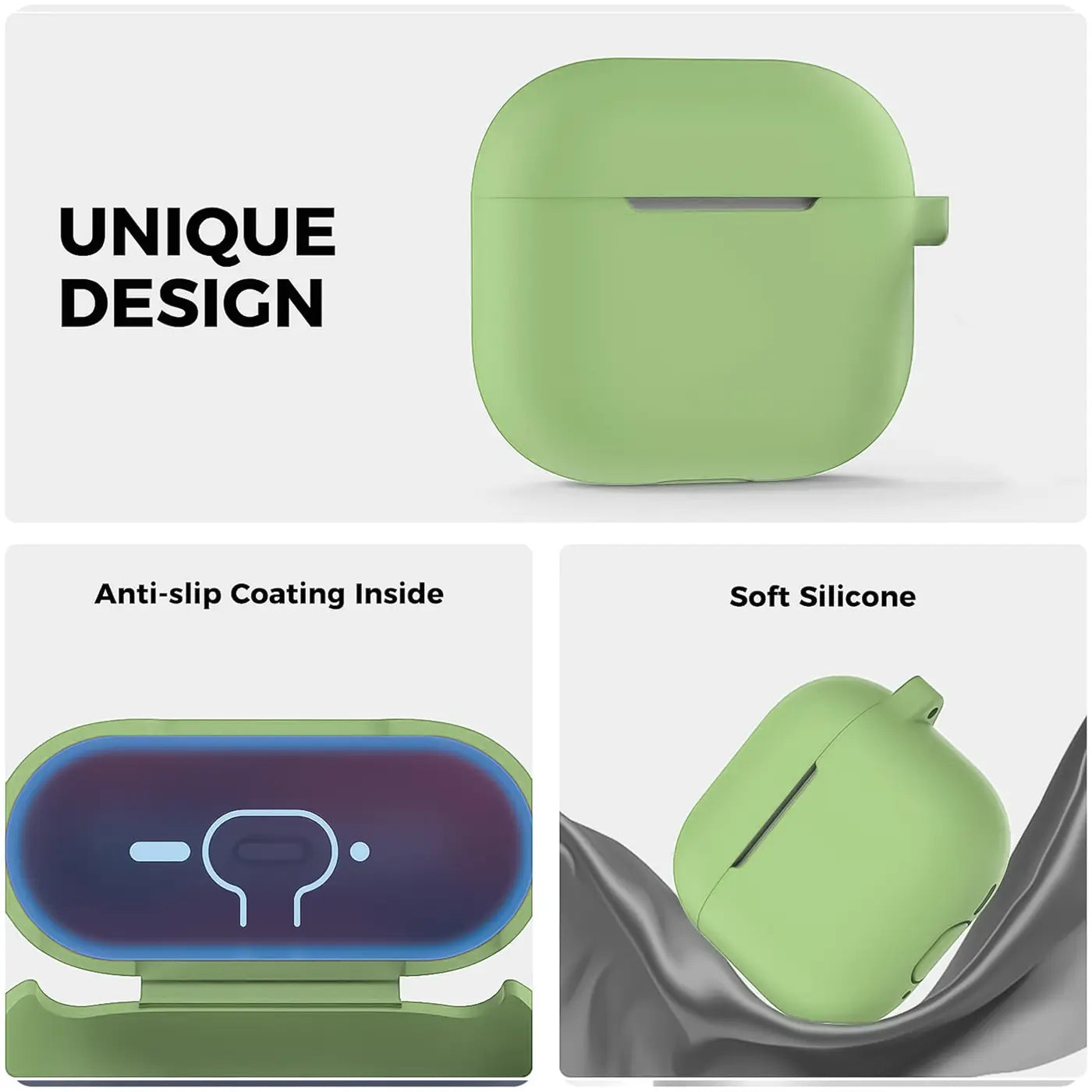 Grüne Silikonhülle für AirPods 4, von oben und schräg gezeigt, mit Innenansicht und weichem Stoff.
