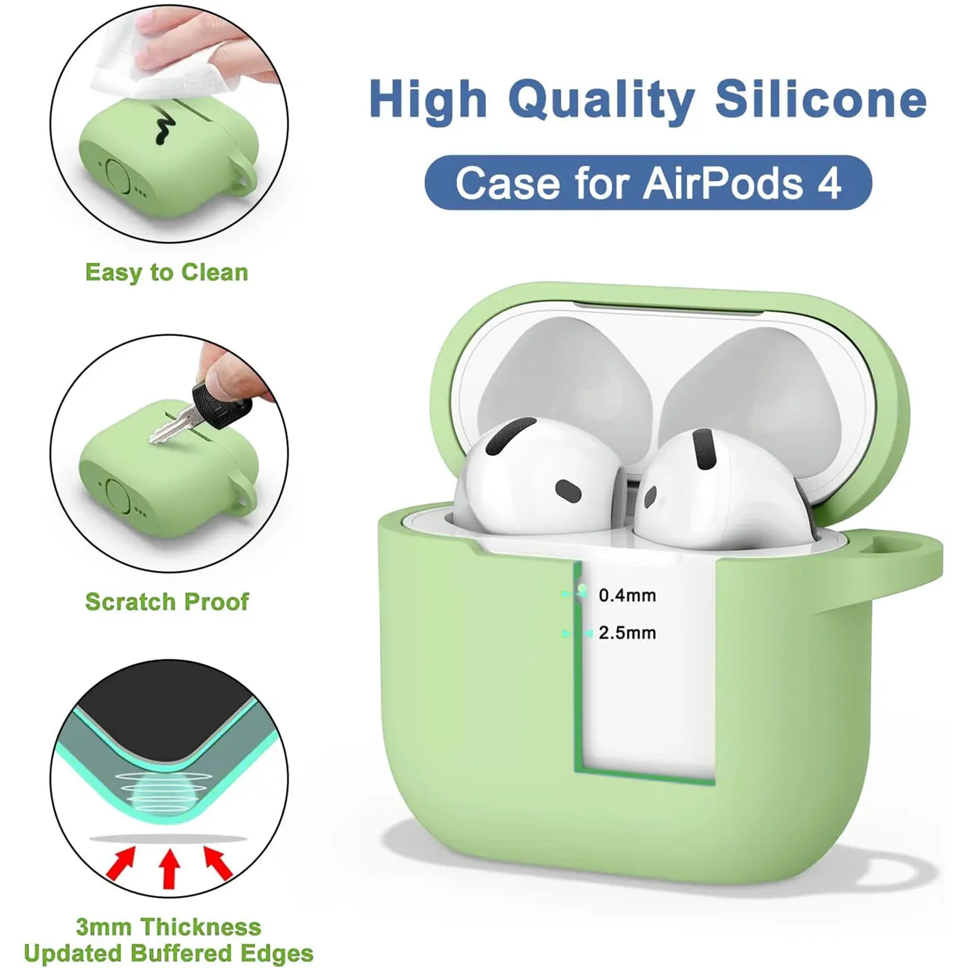 Hellgrüne Silikonhülle für AirPods 4, offen mit eingesetzten weißen AirPods, leicht schräg von vorne.