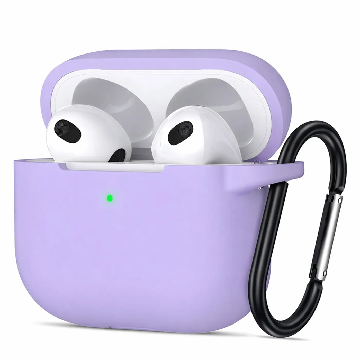 Lila Silikonhülle für AirPods 3 mit offenem Deckel, darin zwei weiße AirPods. Grünes LED leuchtet. Schwarzer Karabinerhaken.