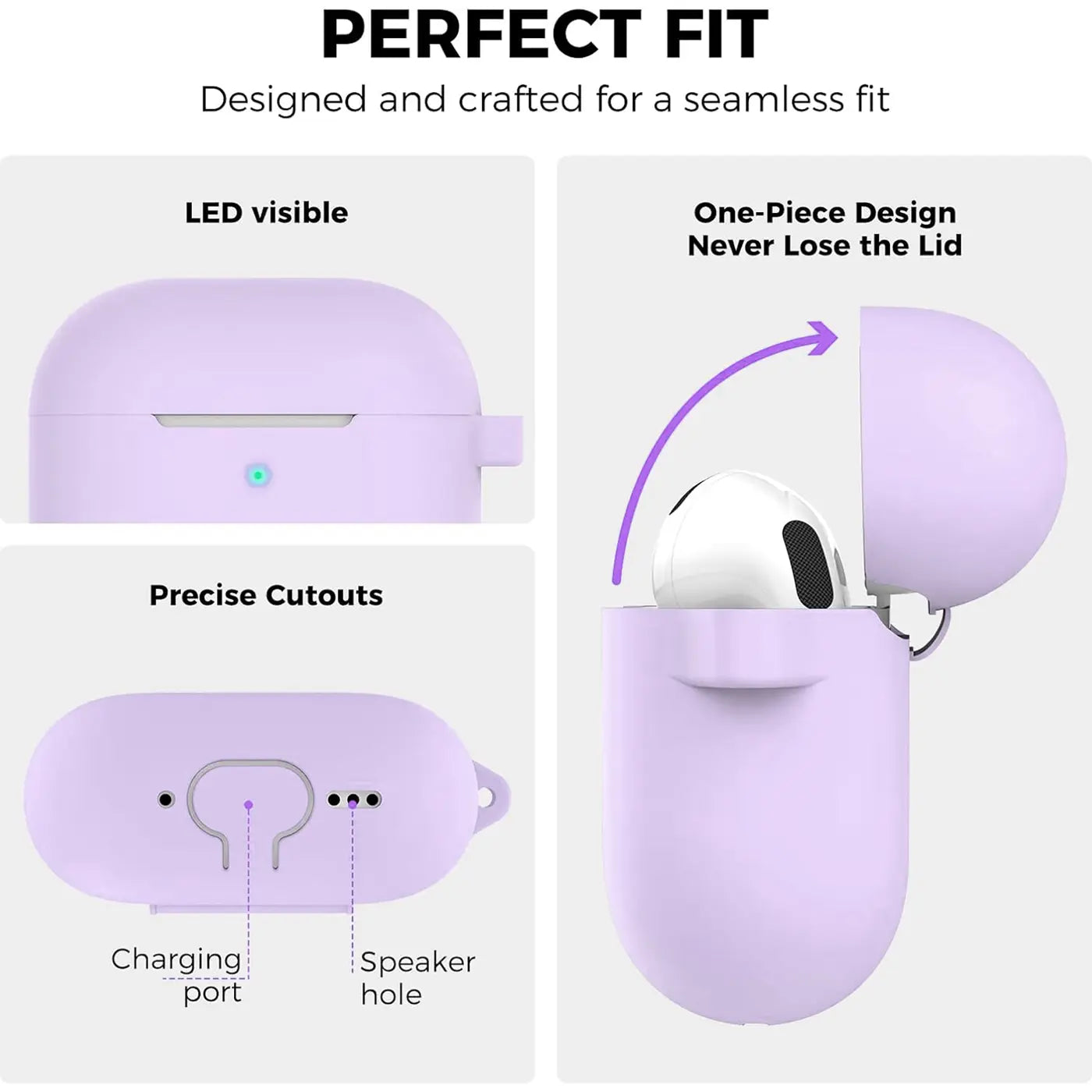 Lila Silikonhülle für AirPods 4, von oben und unten, mit offenem Deckel und eingesetztem AirPod.