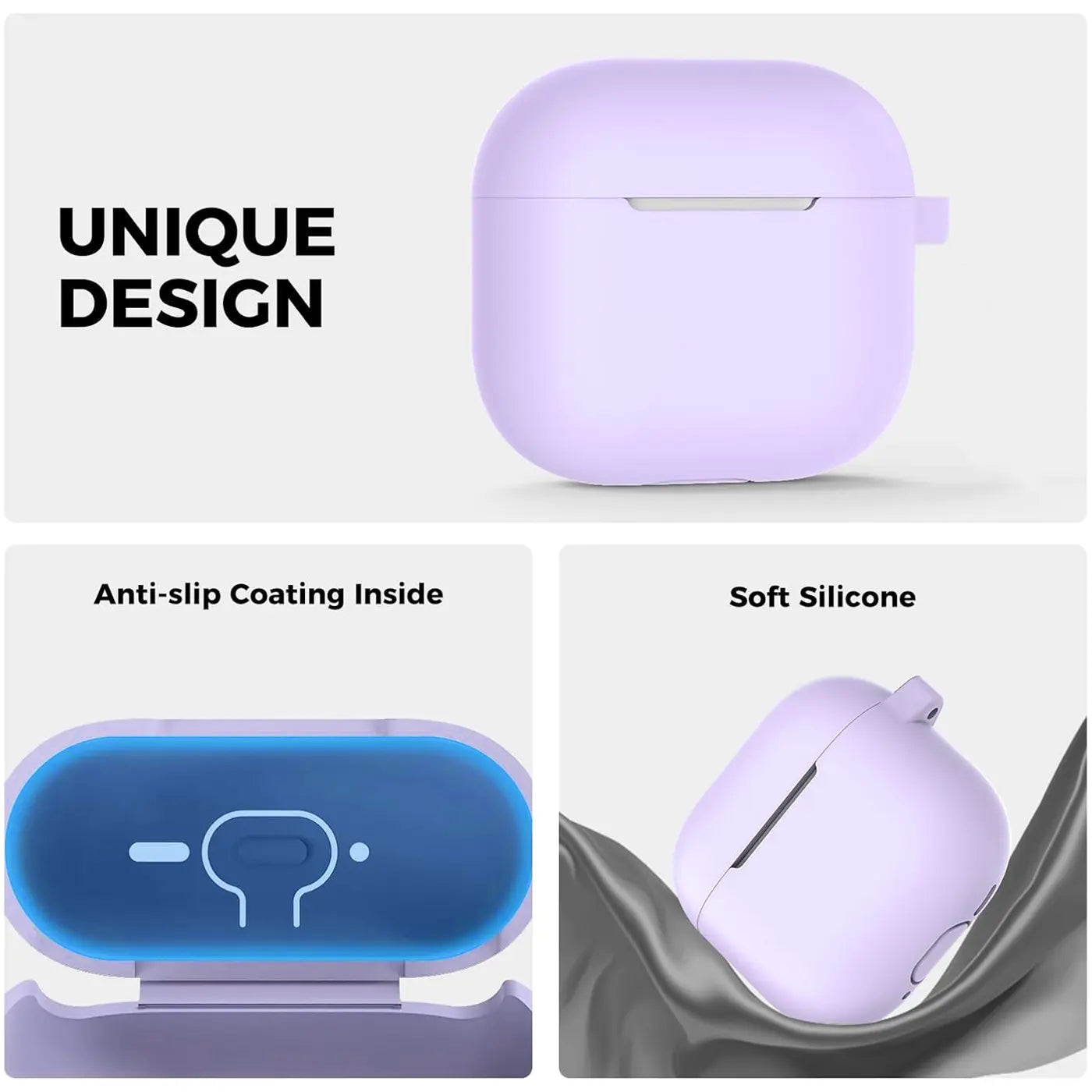 Lila Silikonhülle für AirPods 4 mit Karabineröse, aus verschiedenen Perspektiven gezeigt, teils geöffnet.