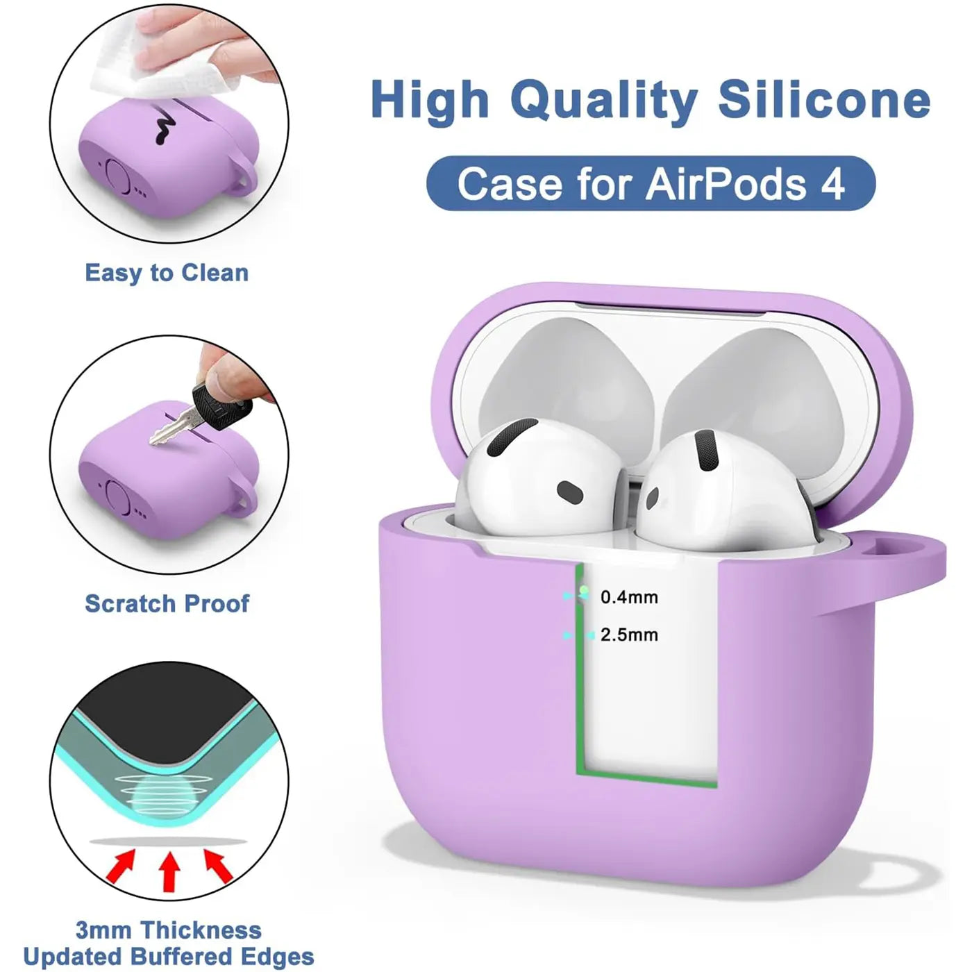 Lila Silikonhülle für AirPods 4, offen mit eingesetzten weißen AirPods, leicht schräg von vorne.
