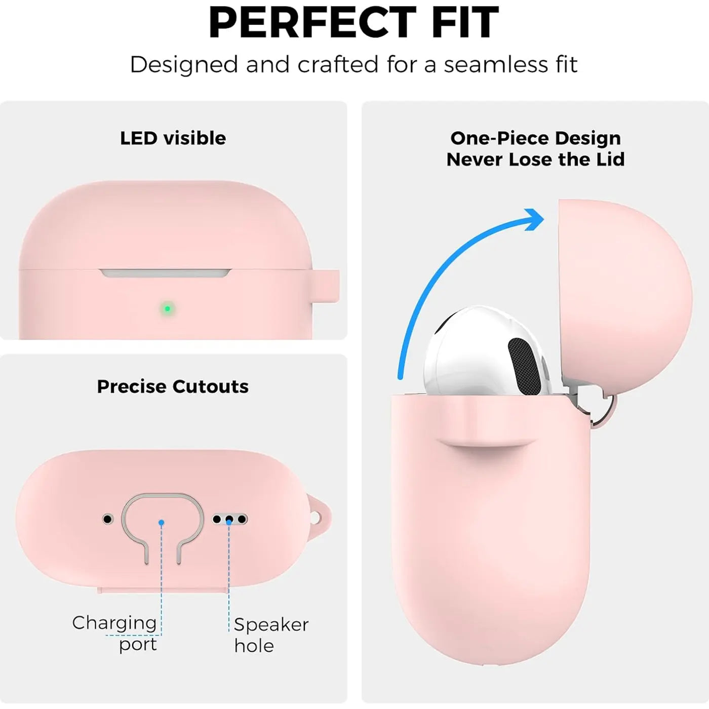 Rosa Silikonhülle für AirPods 4 mit Karabiner, von oben und unten, mit offenem Deckel und eingesetztem AirPod.