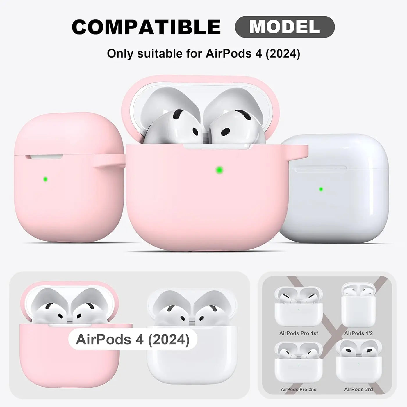 Drei AirPods 4 Silikonhüllen (rosa, rosa offen mit Earbuds, weiß) von vorne. Unten: rosa und weiße Hülle mit Earbuds.