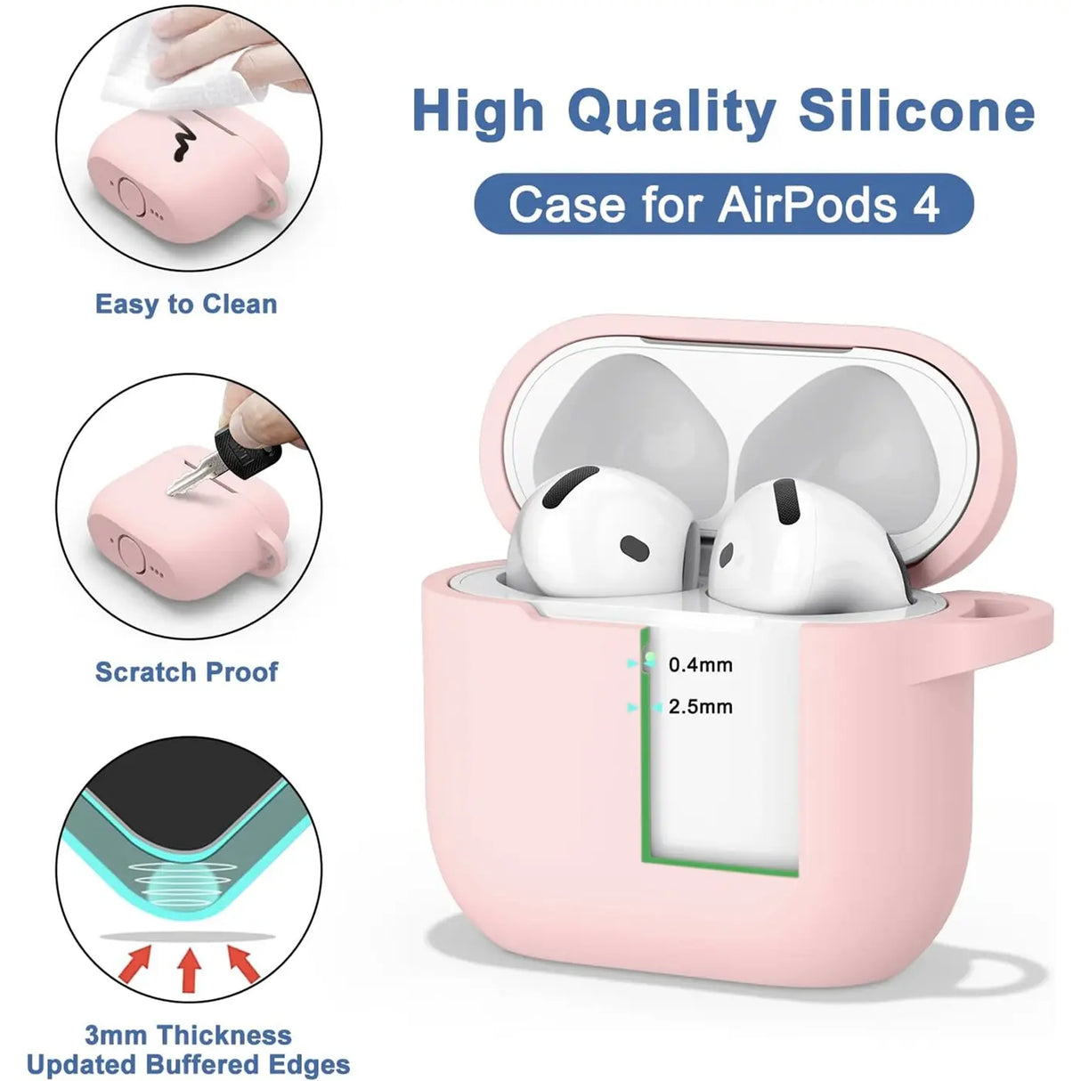 Silikon Schutzhülle für AirPods 4 mit Soft-Touch Oberfläche, Karabiner und LED-Sichtfenster - ideal für Alltag, Sport und Reisen