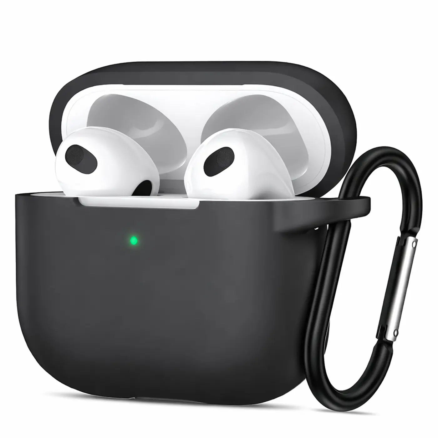 Schwarze Silikonhülle für AirPods 3, offen, mit eingesetzten weißen AirPods. Grünes LED leuchtet. Schwarzer Karabinerhaken.