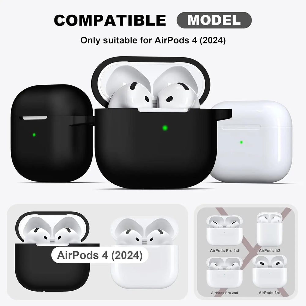 Silikon Schutzhülle für AirPods 4 mit Soft-Touch Oberfläche, Karabiner und LED-Sichtfenster - ideal für Alltag, Sport und Reisen