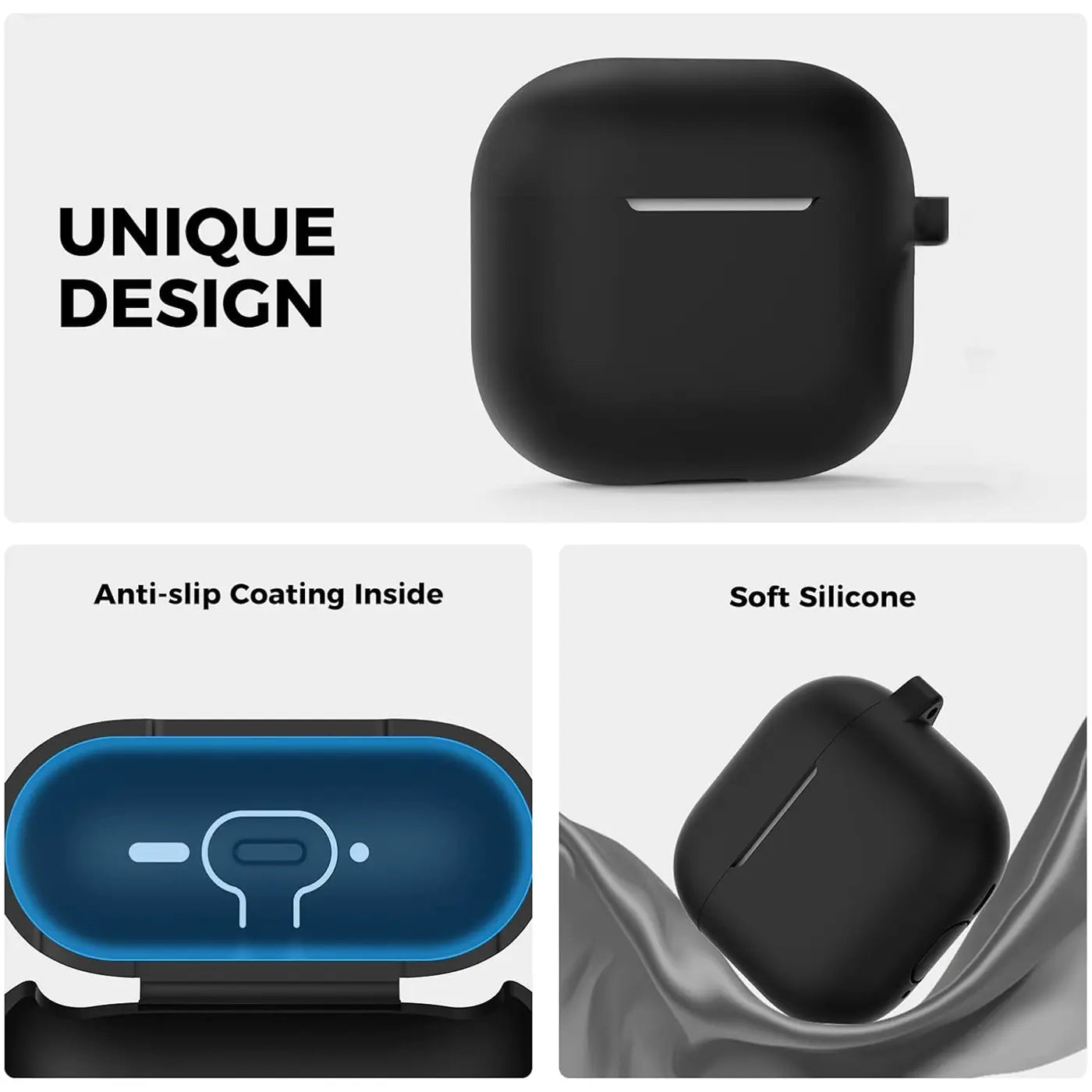 Vier Ansichten einer schwarzen Silikonhülle für AirPods 4 mit Karabiner, von vorne, innen und auf Stoff.