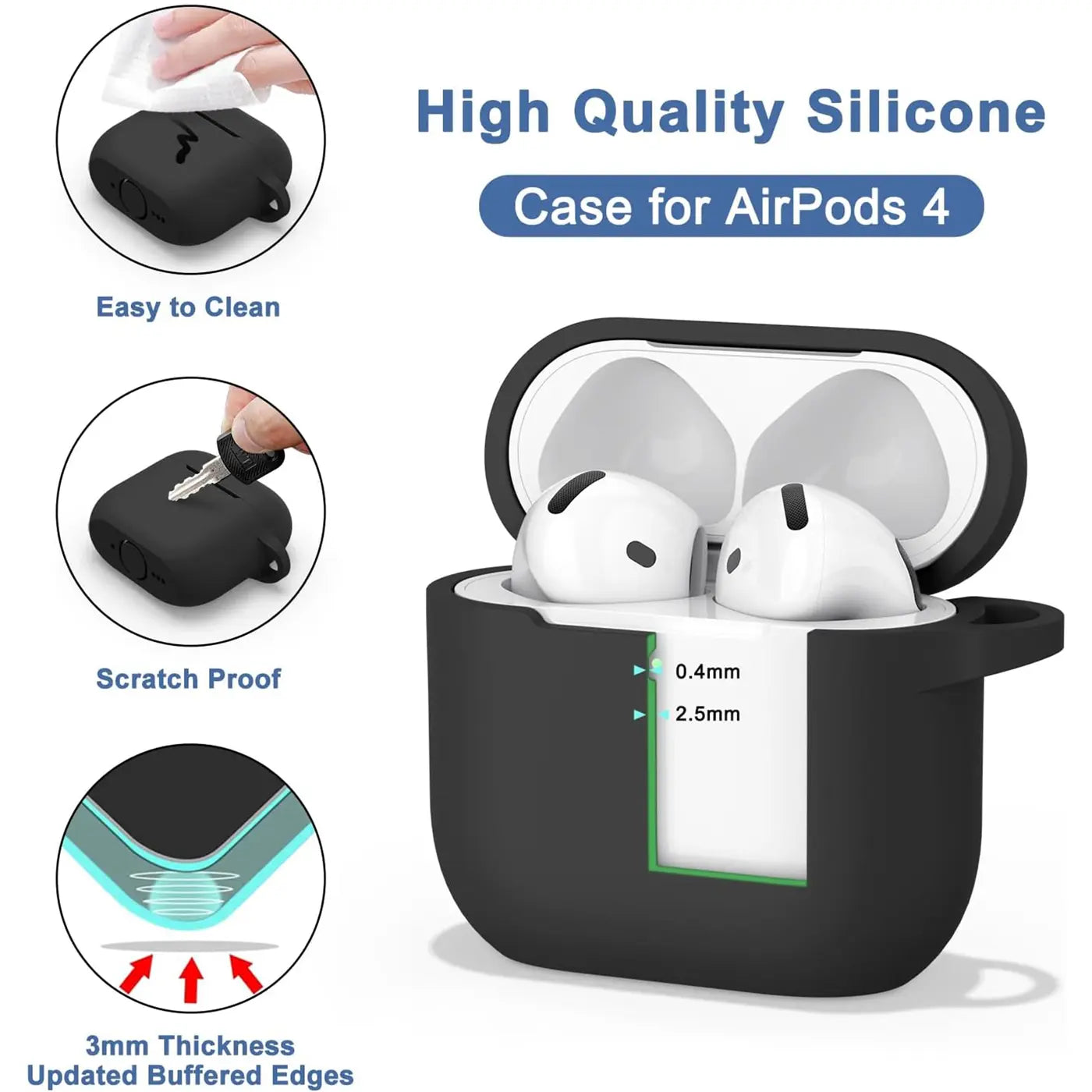 Schwarze Silikonhülle für AirPods 4, offen mit weißen AirPods. Nahaufnahme, leicht von oben.