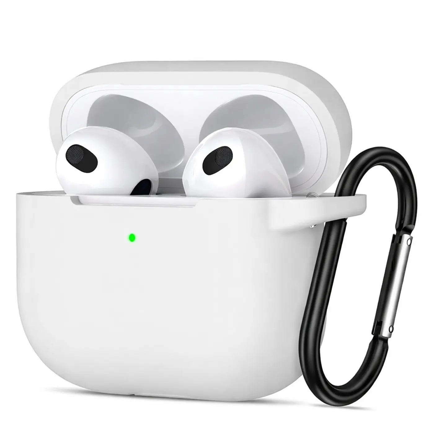 Weiße Silikonhülle für AirPods 3 mit offenem Deckel, darin zwei weiße AirPods. Grünes Ladelicht. Schwarzer Karabinerhaken.