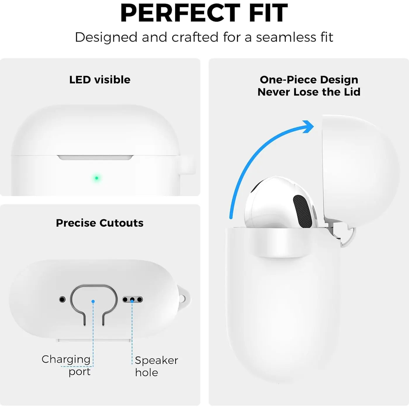 Weiße Silikonhülle für AirPods 4, zeigt LED, Ladeanschluss und Lautsprecheröffnungen. Rechte Ansicht mit offenem Deckel.