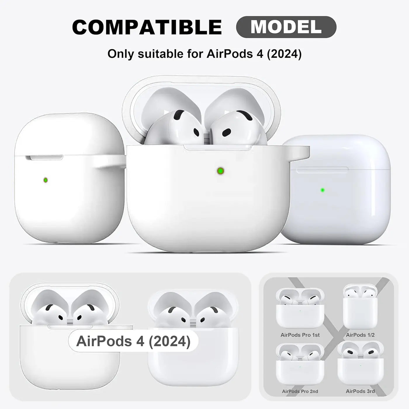 Drei weiße Silikonhüllen für AirPods 4 (2024) von vorne. Eine offen mit AirPods, zwei geschlossen.