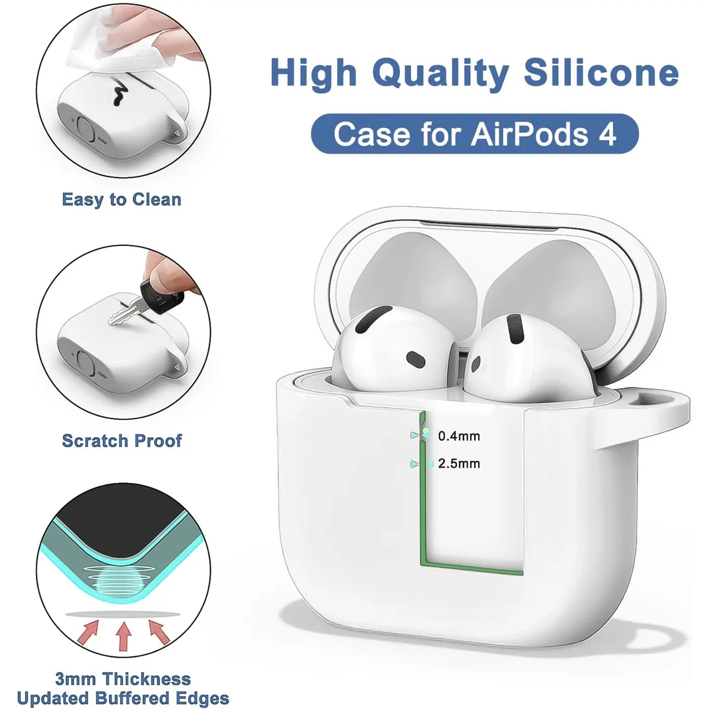 Weiße Silikonhülle für AirPods 4, offen mit eingesetzten Kopfhörern, von schräg oben.