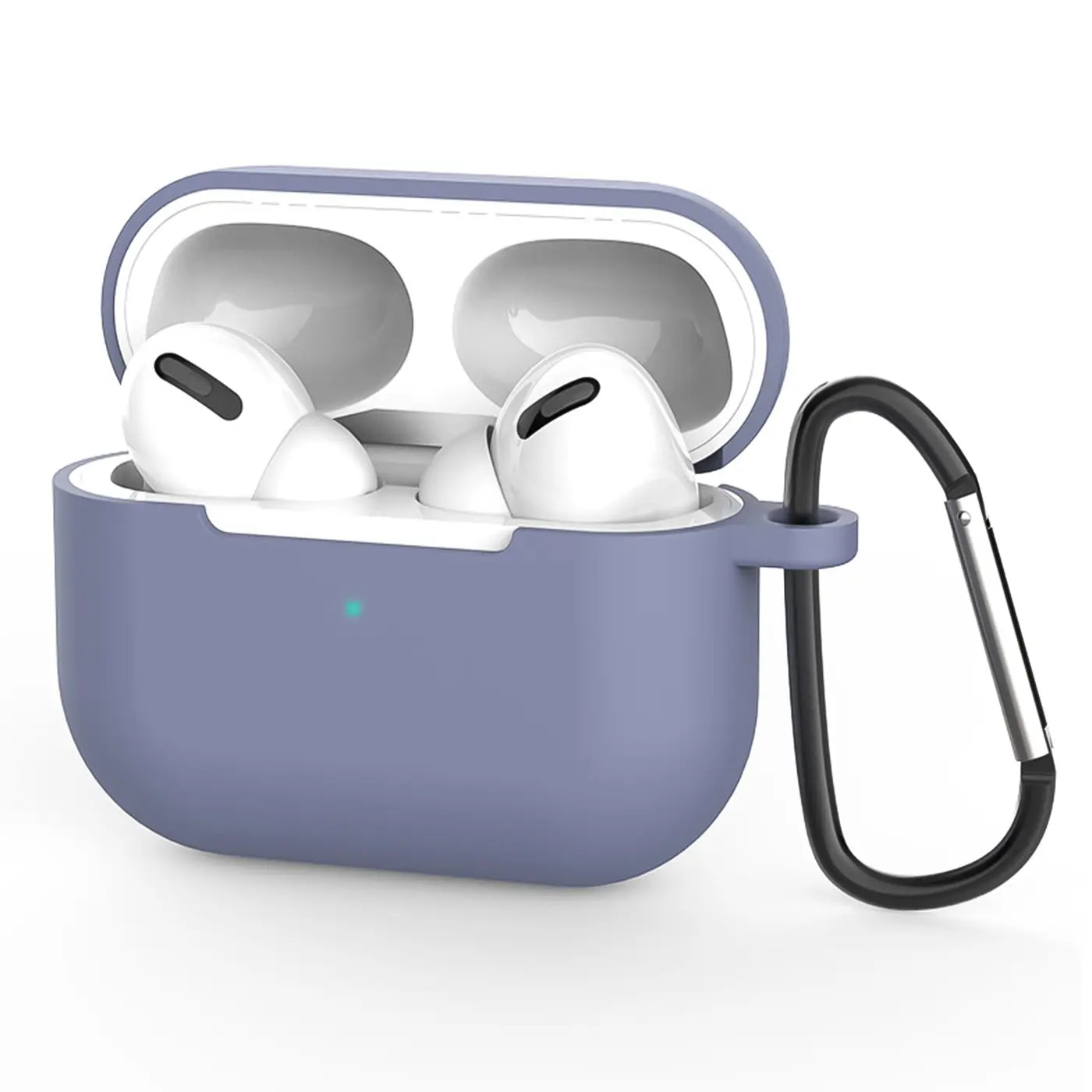 Lila Silikonhülle für AirPods Pro 1, offen mit eingesetzten Kopfhörern und schwarzem Karabiner, leicht schräg von vorne.