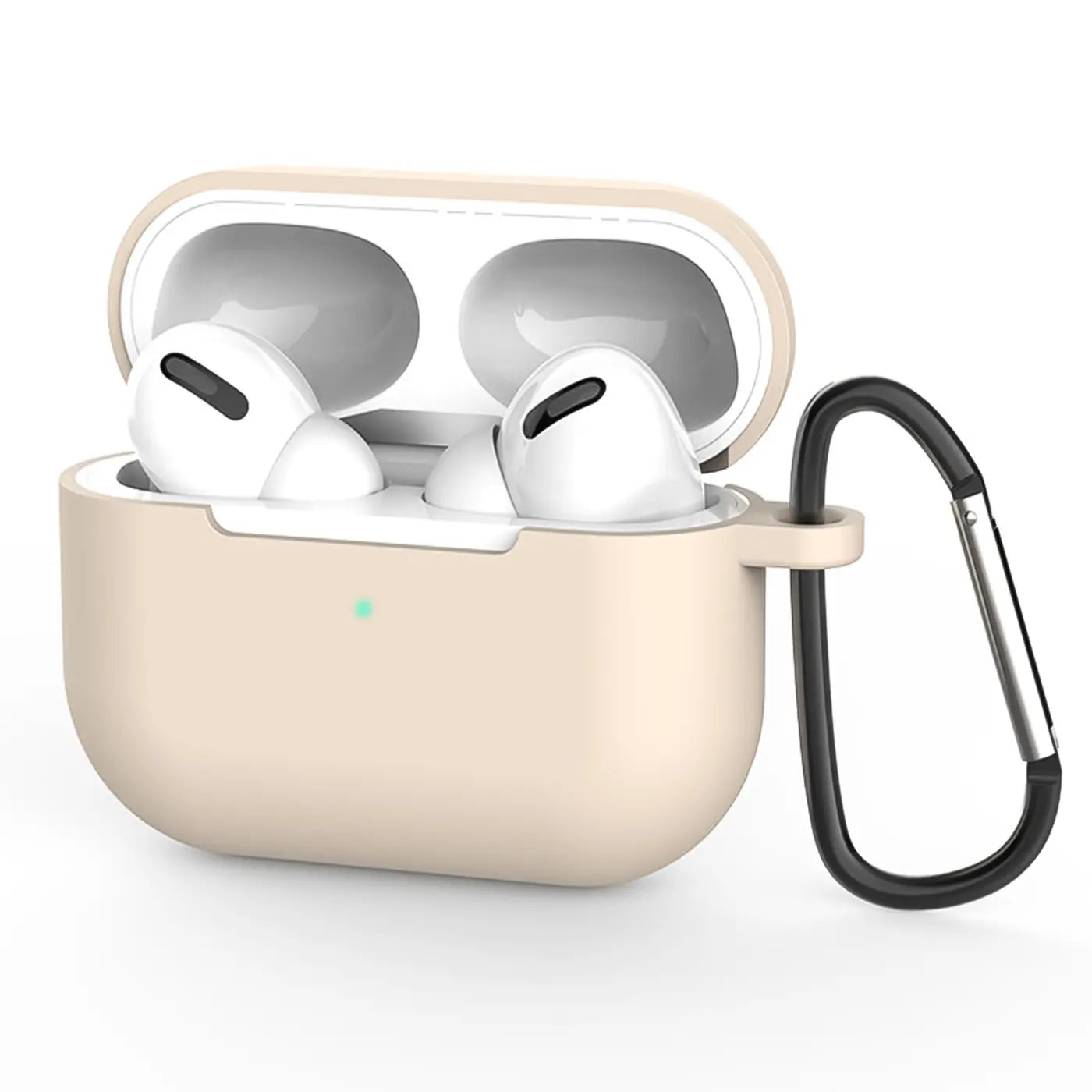 Beige Silikonhülle für AirPods Pro 1, offen mit eingesetzten Kopfhörern und schwarzem Karabiner, leicht schräg von vorne.