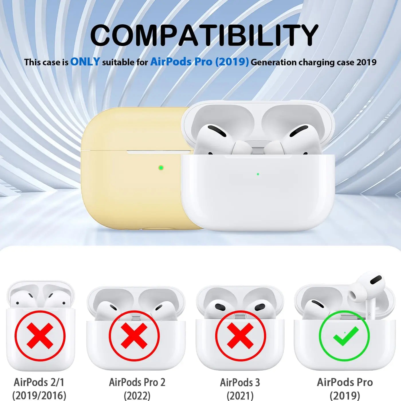 Gelbe Silikonhülle für AirPods Pro (2019) Ladecase, daneben offenes weißes Ladecase mit AirPods.