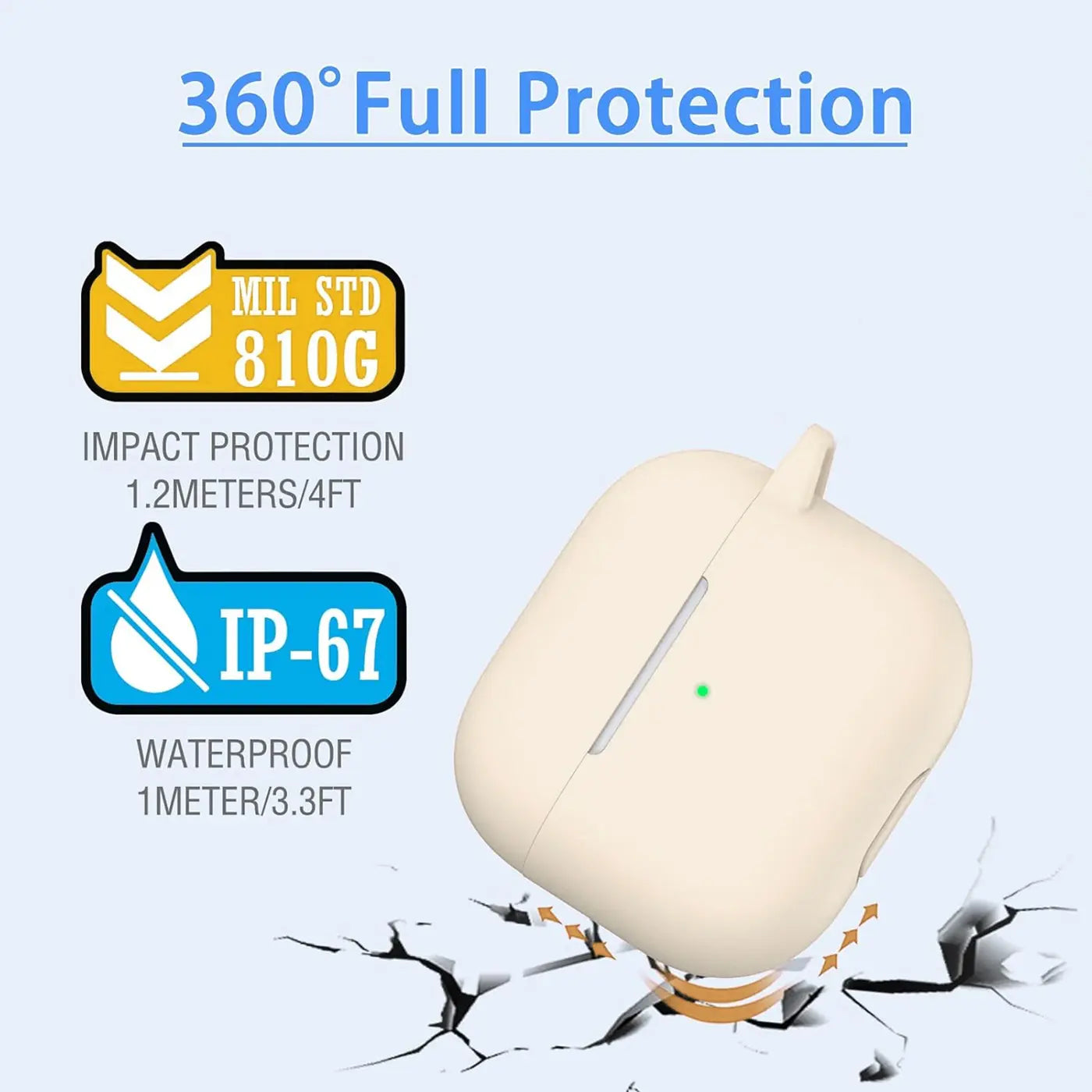 Beige Silikonhülle für AirPods Pro 1, schräg von oben, mit Karabineröse, auf zerbrochenem Untergrund.
