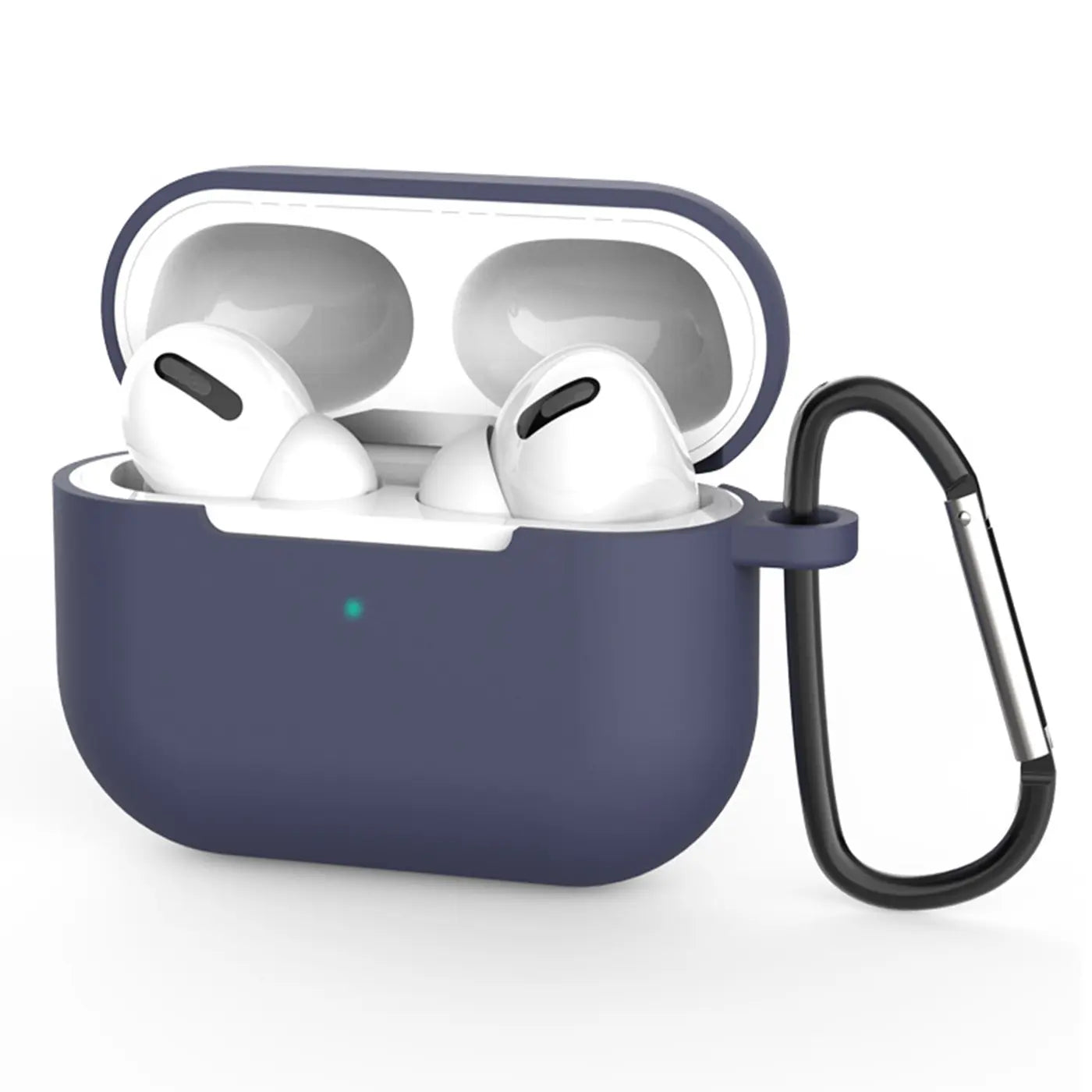 Dunkelblaue Silikonhülle für AirPods Pro 1 mit offenem Deckel, darin weiße AirPods. Seitlich ein schwarzer Karabiner.