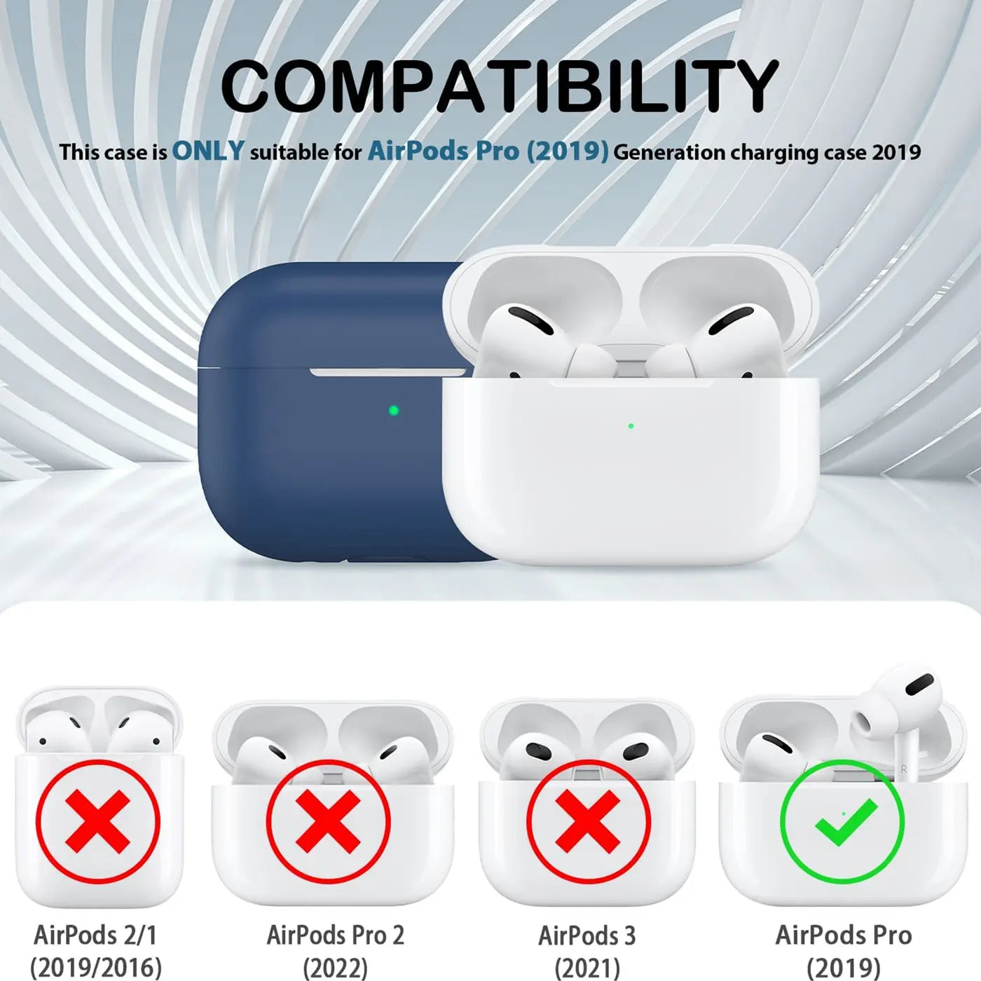 Dunkelblaue Silikonhülle für AirPods Pro (2019) Ladecase, daneben ein offenes weißes Ladecase mit AirPods.