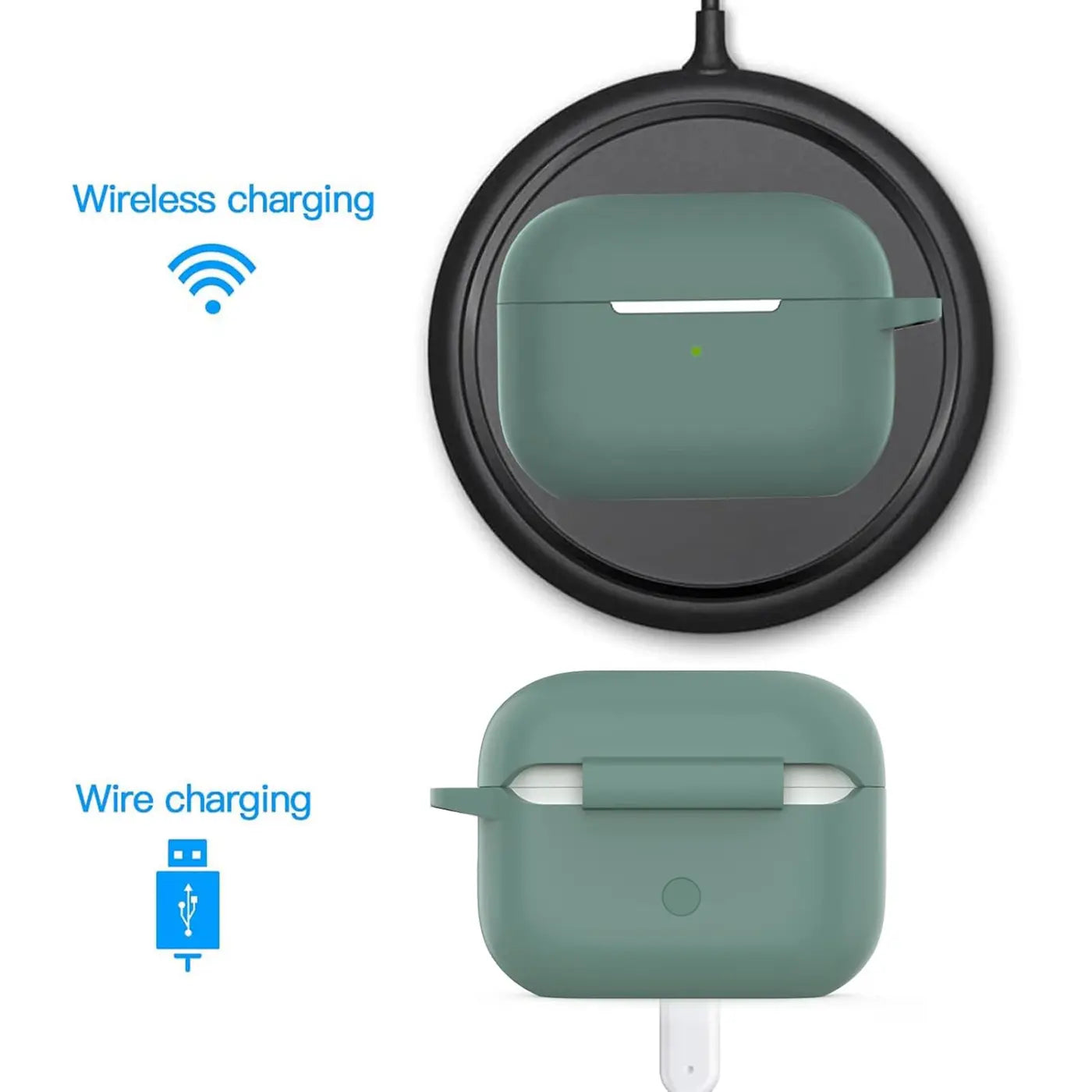 Grüne Silikonhülle für AirPods Pro 1, von oben auf schwarzem Wireless Charger und von vorne mit Ladekabel.