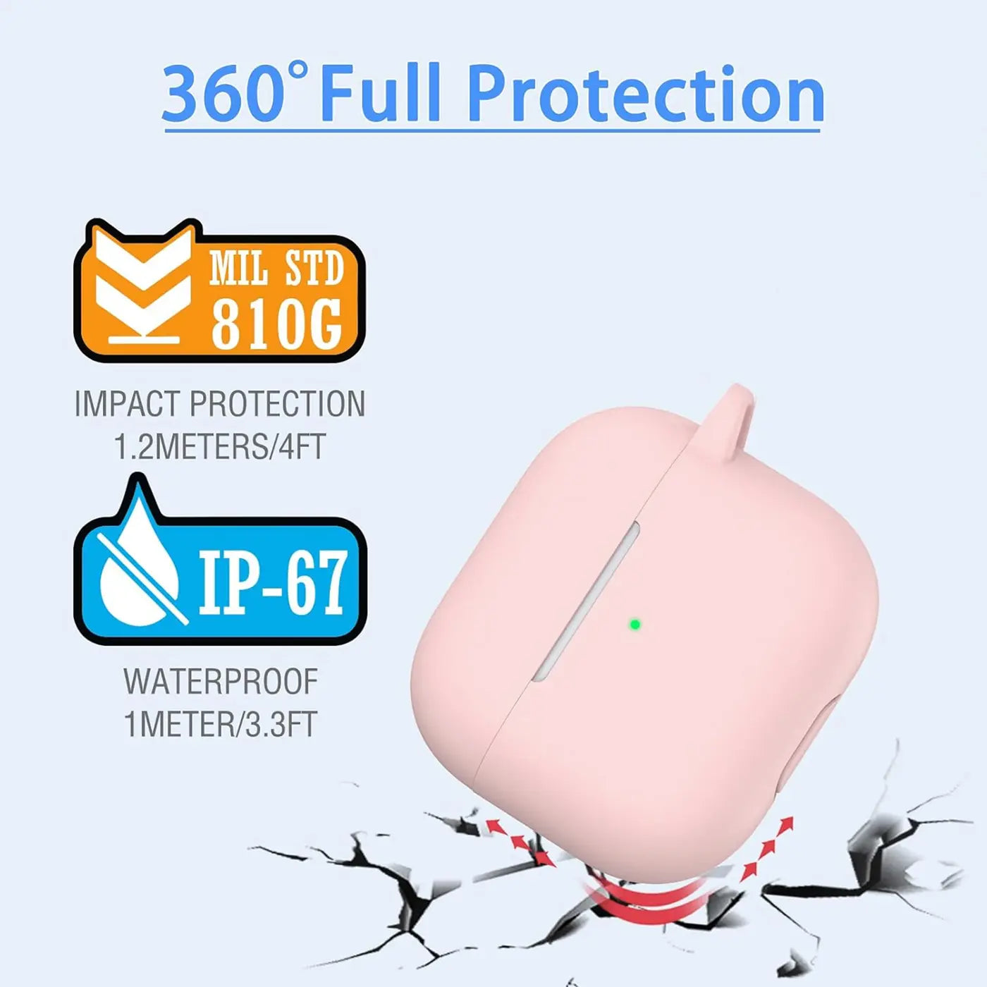 Rosa Silikonhülle für AirPods Pro 1 mit Karabineröse, schräg von oben, auf gebrochenem Untergrund.