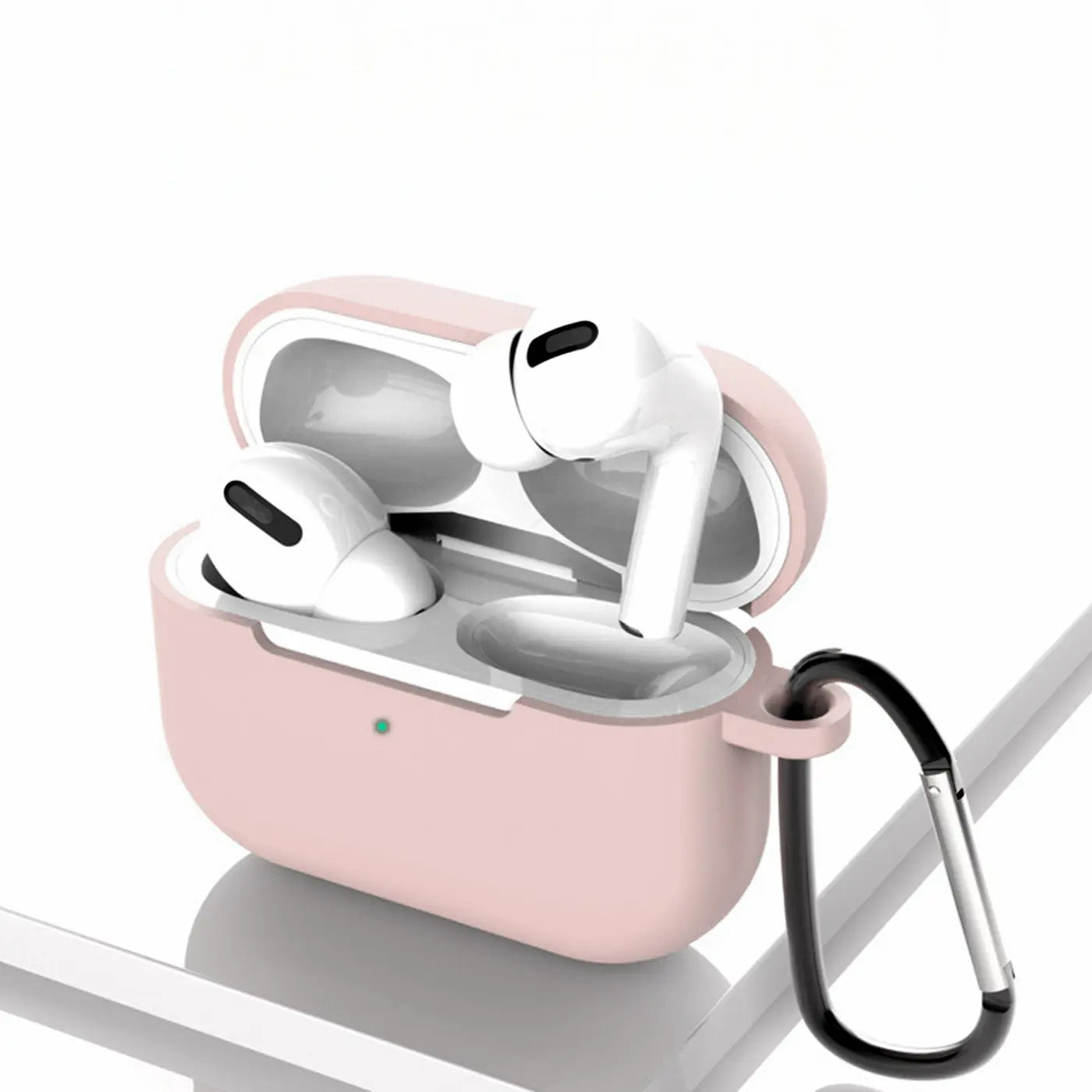 Rosa Silikonhülle für AirPods Pro 1 mit offenem Deckel, darin weiße AirPods, Karabiner an der Seite, schräg von oben.