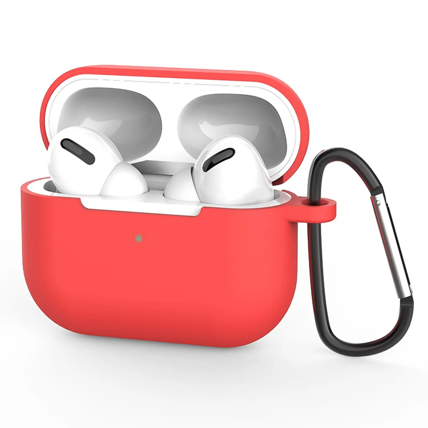 Rote Silikonhülle für AirPods Pro 1, mit geöffnetem Deckel und eingesetzten weißen Kopfhörern, Karabiner rechts.