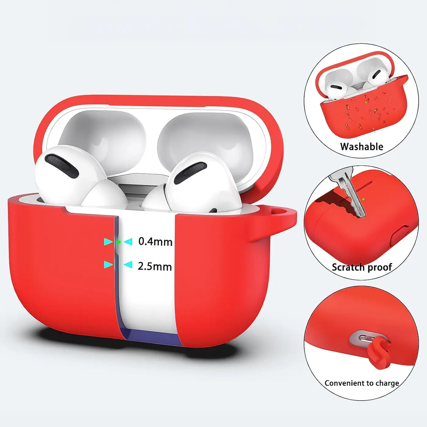 Rote Silikonhülle für AirPods Pro 1, mit Karabineröse, geöffnet mit AirPods Pro 1. Schnittbild zeigt 0.4mm/2.5mm Dicke.