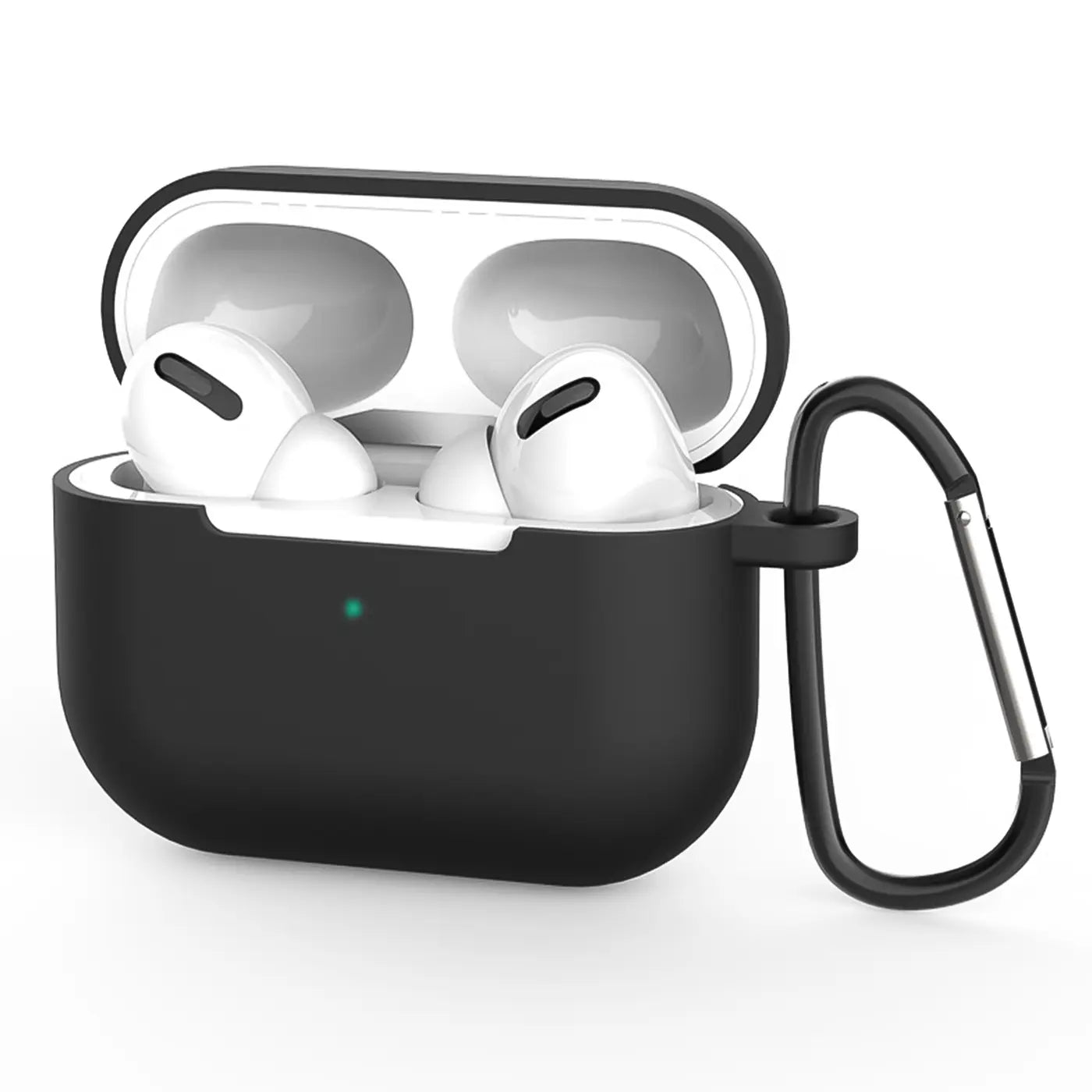 Schwarze Silikonhülle für AirPods Pro 1 mit offenem Deckel, darin weiße AirPods, grünes LED, seitlicher Karabiner.