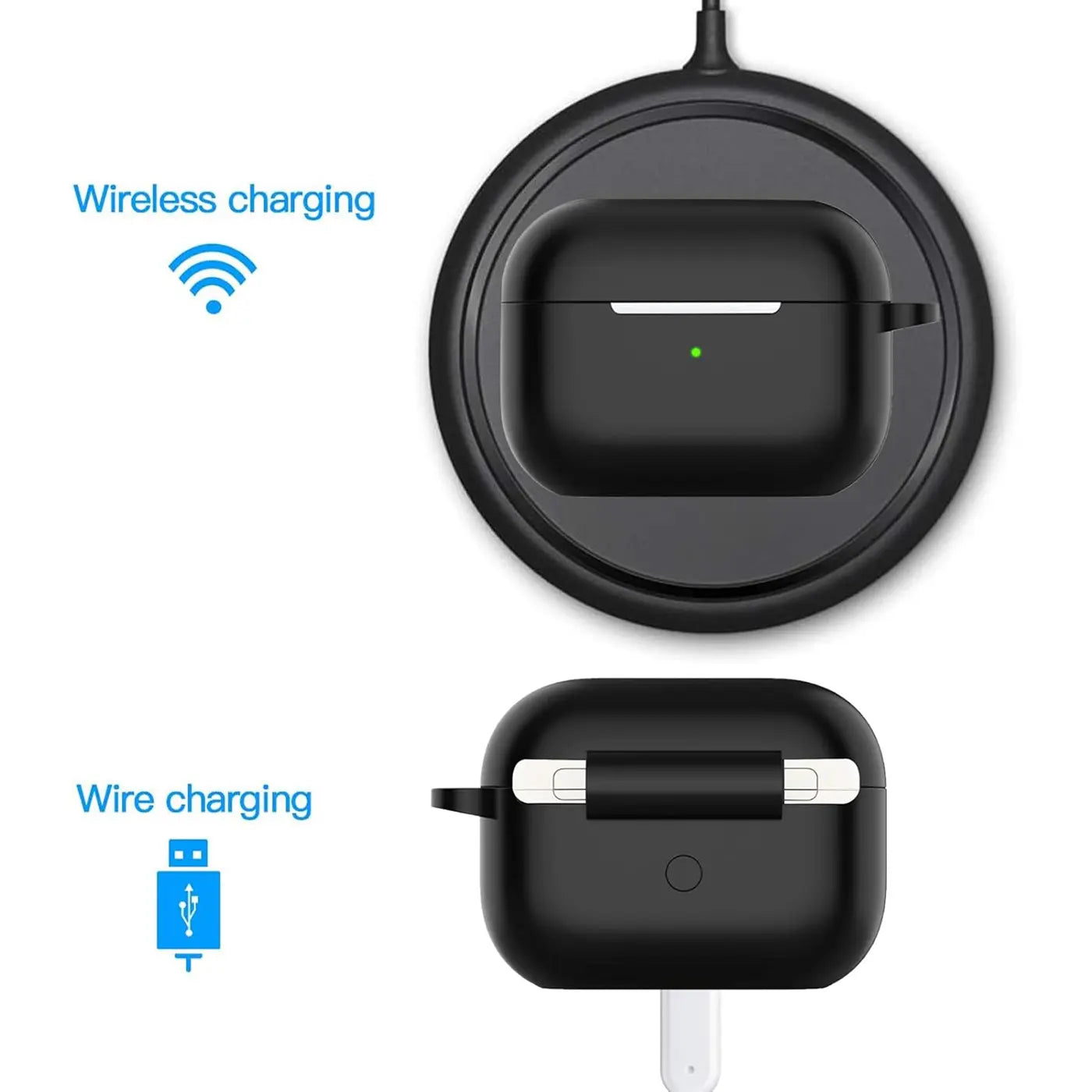 Zwei schwarze AirPods Pro 1 Silikonhüllen von oben: oben kabellos auf Ladepad, unten kabelgebunden per Lightning.