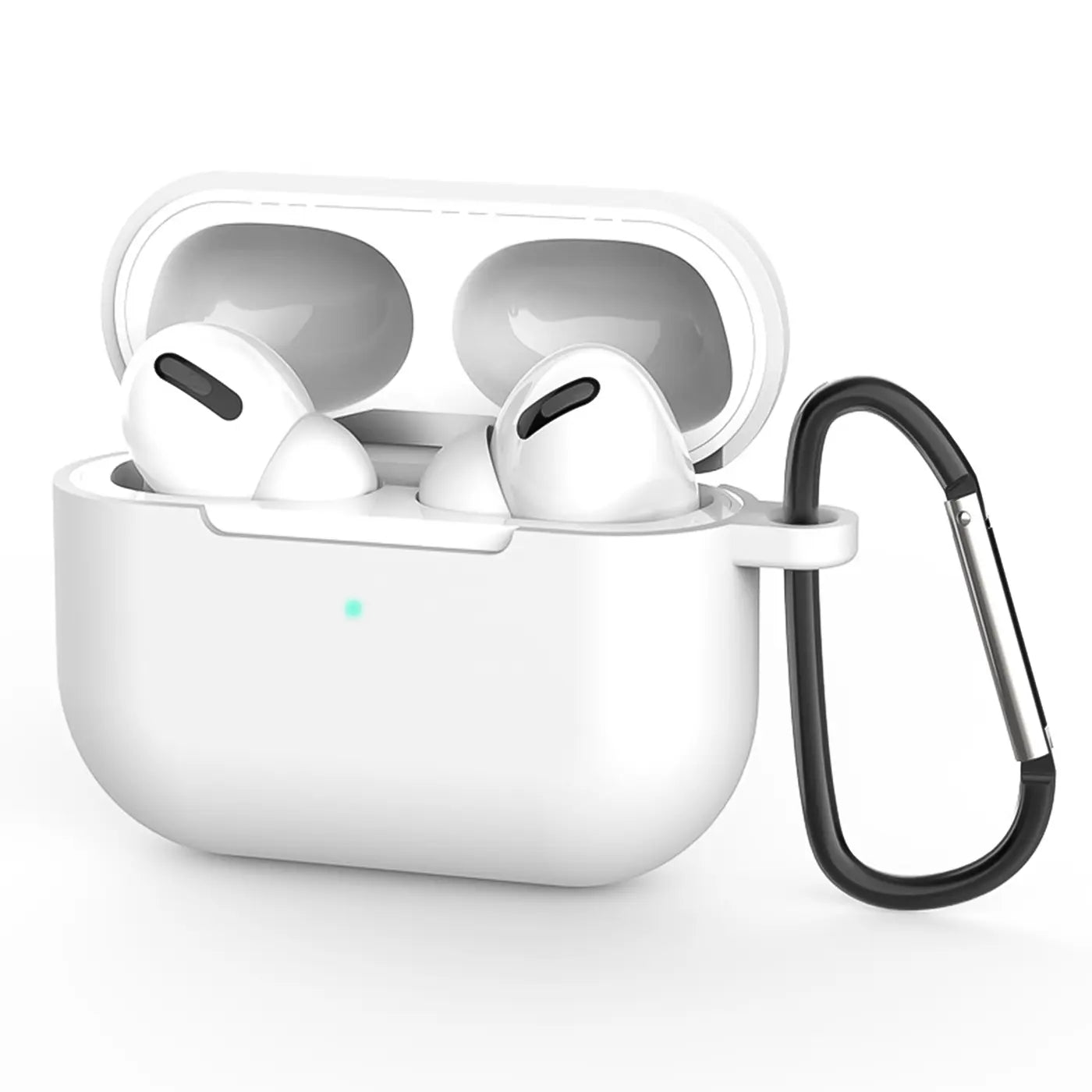 Weiße Silikonhülle für AirPods Pro 1, offen mit eingesetzten Kopfhörern und leuchtender LED. Schwarzer Karabiner seitlich.
