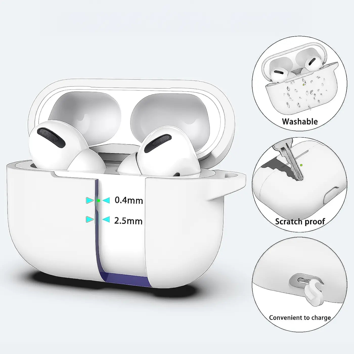 Weiße Silikonhülle für AirPods Pro 1, offen mit eingesetzten AirPods. Rechts Details zu Waschbarkeit, Kratzschutz und.