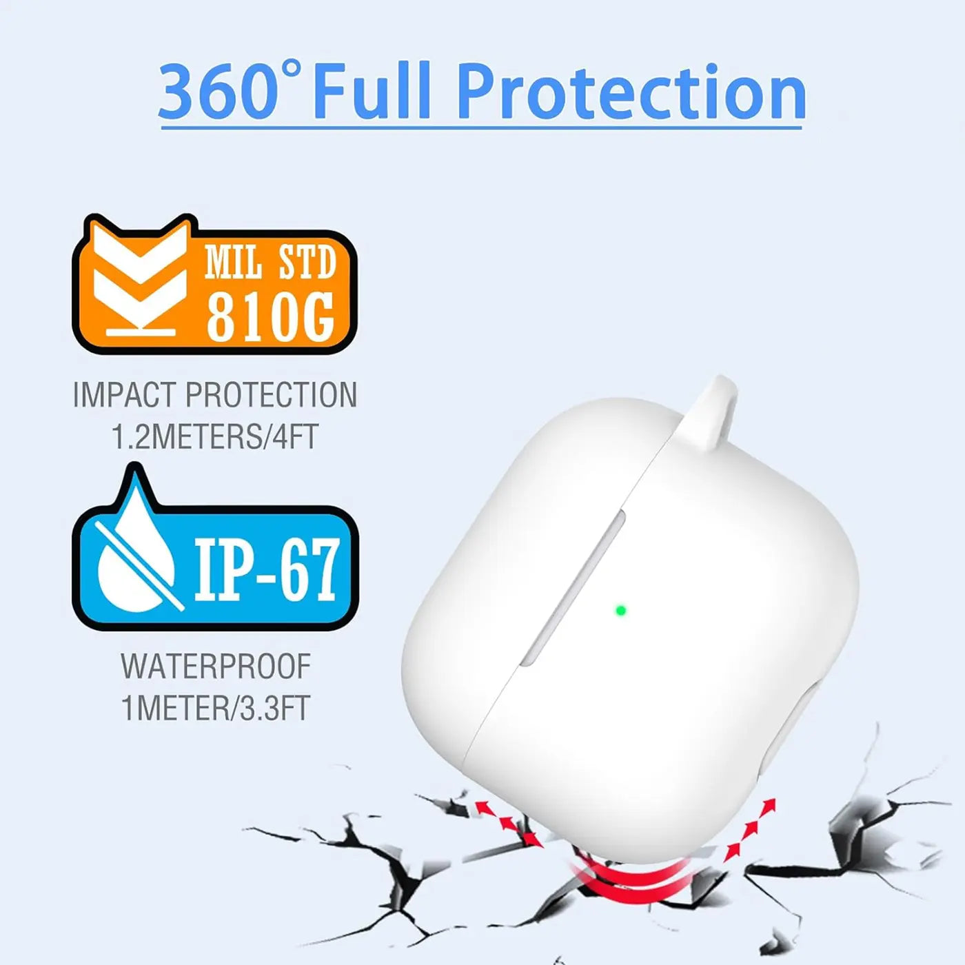 Weiße Silikonhülle für AirPods Pro 1 mit Karabineröse, schräg von oben, auf rissigem Boden.