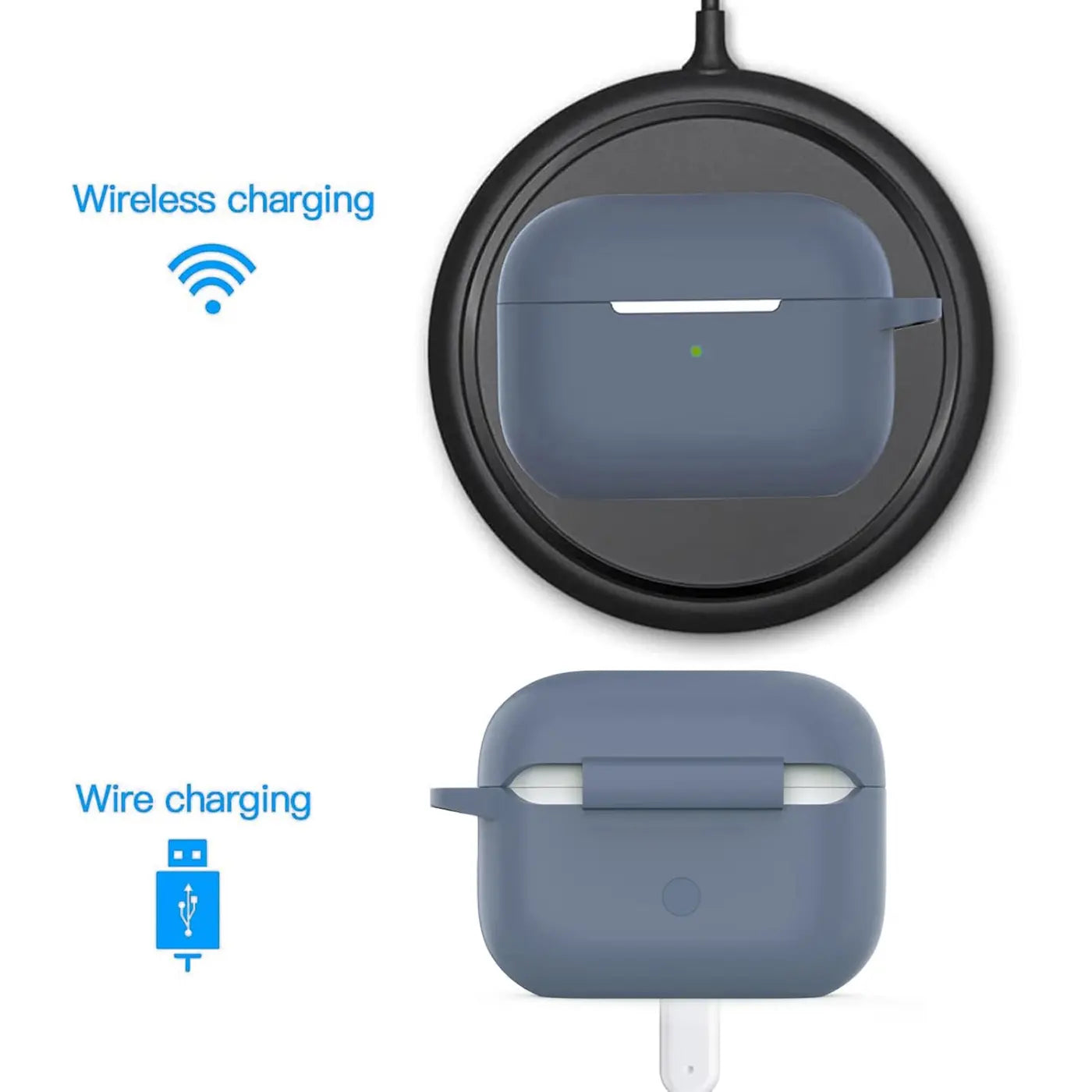 Blaue Silikonhülle für AirPods Pro 2, oben auf kabellosem Ladepad, unten mit Kabel geladen, Vorderansicht.