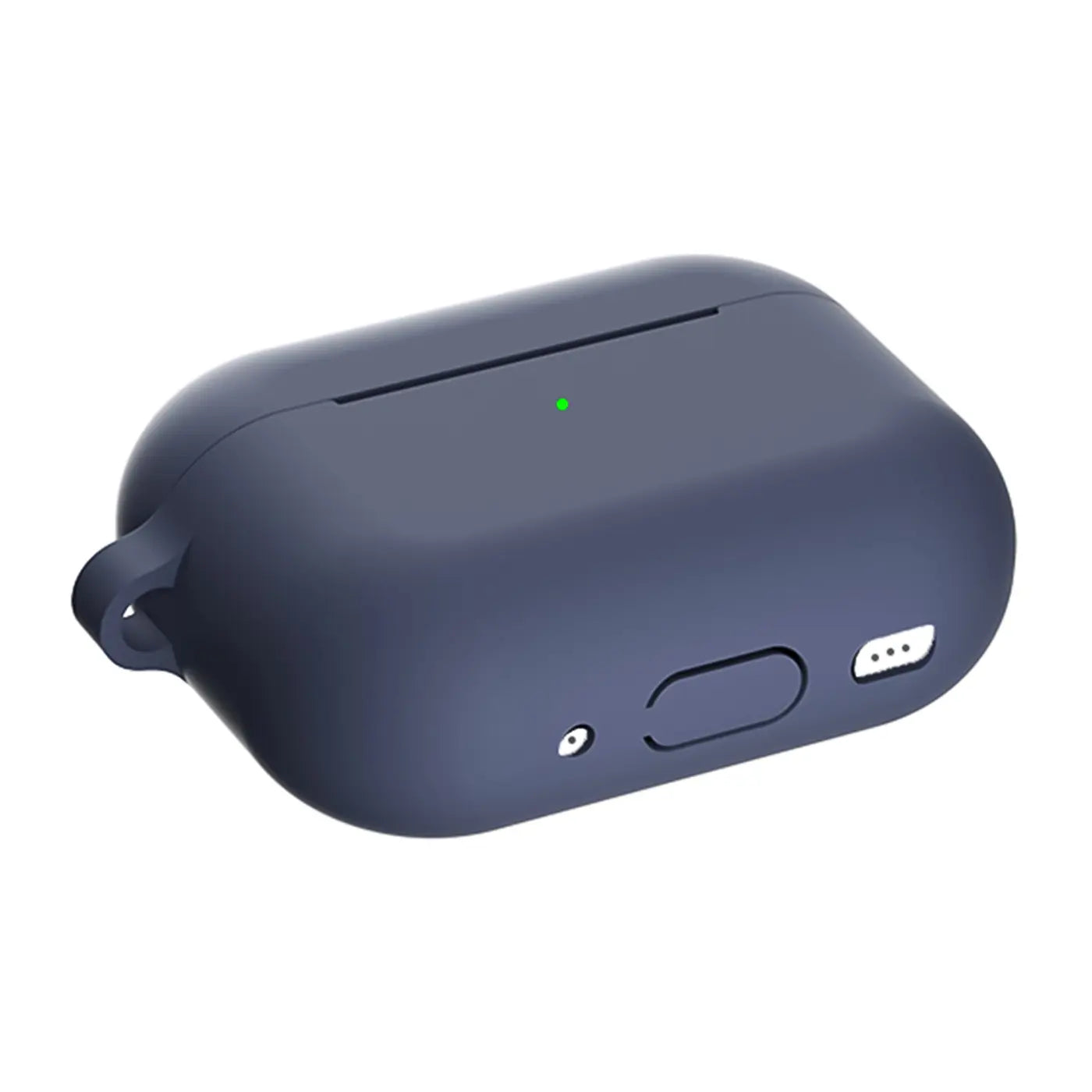 Dunkelblaue Silikonhülle für AirPods Pro 2, schräg von oben, mit Karabineröse und Aussparungen für Lautsprecher/Ladeport.